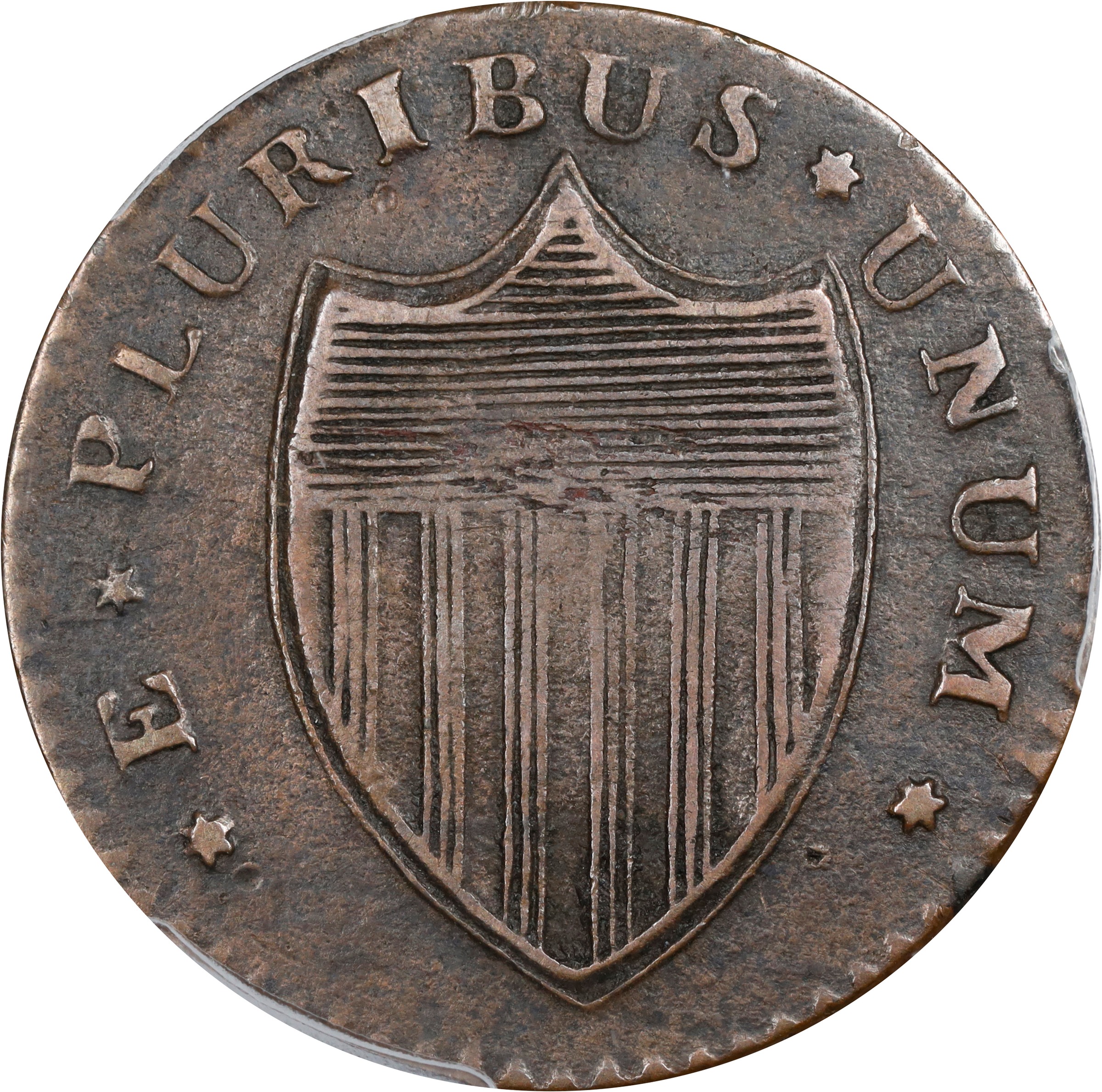 image for: 1786 New Jersey Copper. Maris 16-L, W-4840. Rarity-2. Straight Plow Beam, Protruding Tongue. VF-30 (PCGS).