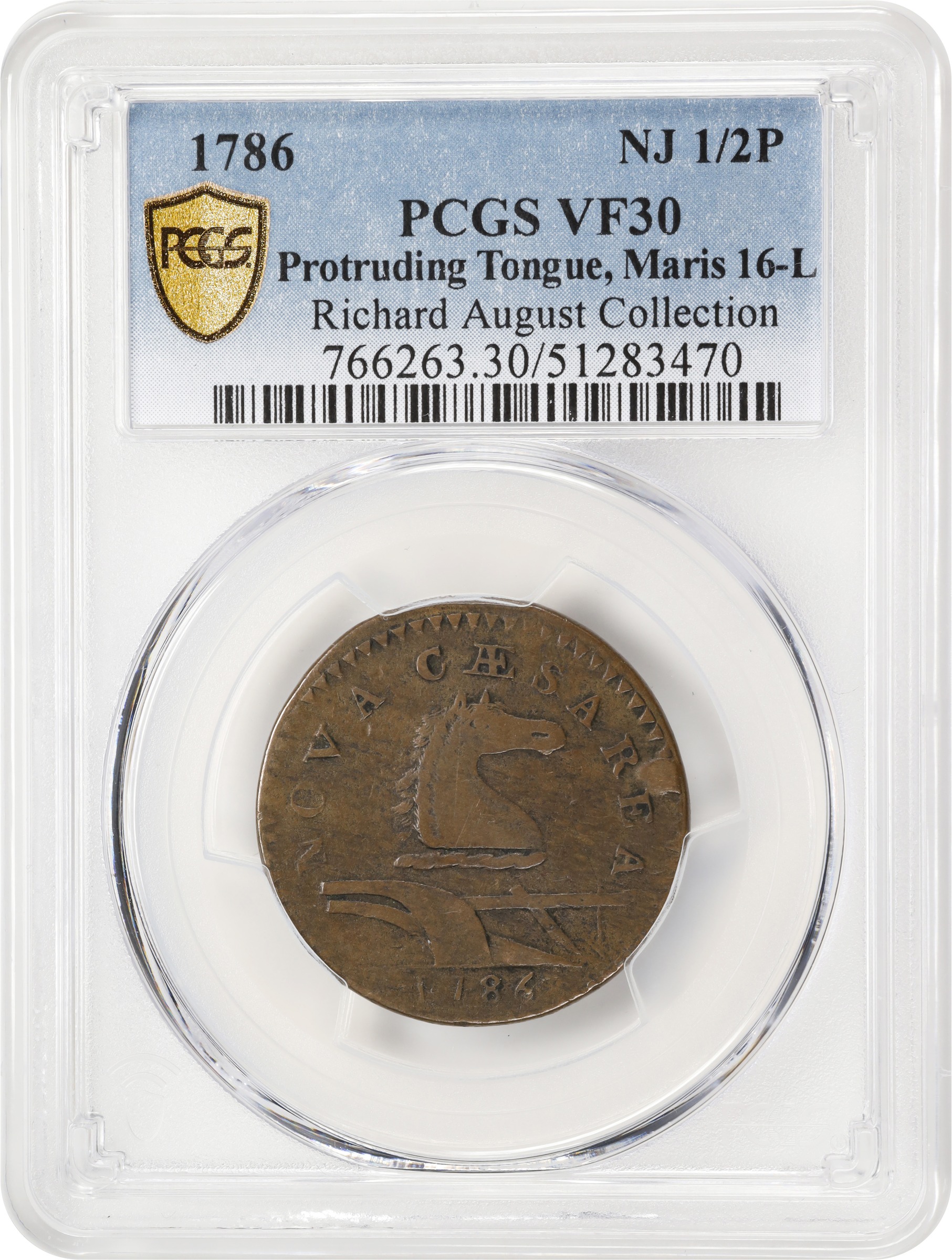 image for: 1786 New Jersey Copper. Maris 16-L, W-4840. Rarity-2. Straight Plow Beam, Protruding Tongue. VF-30 (PCGS).