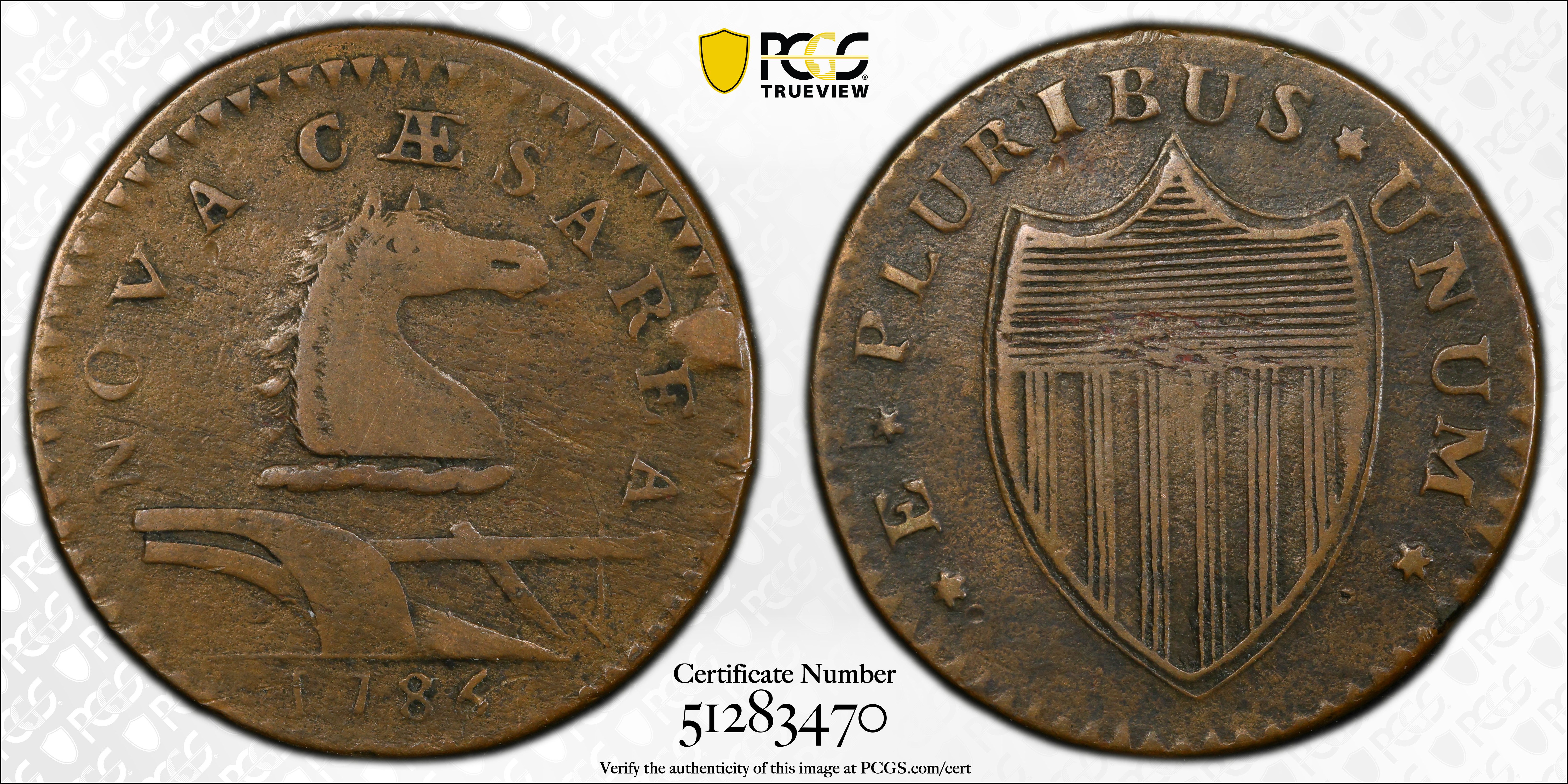 image for: 1786 New Jersey Copper. Maris 16-L, W-4840. Rarity-2. Straight Plow Beam, Protruding Tongue. VF-30 (PCGS).