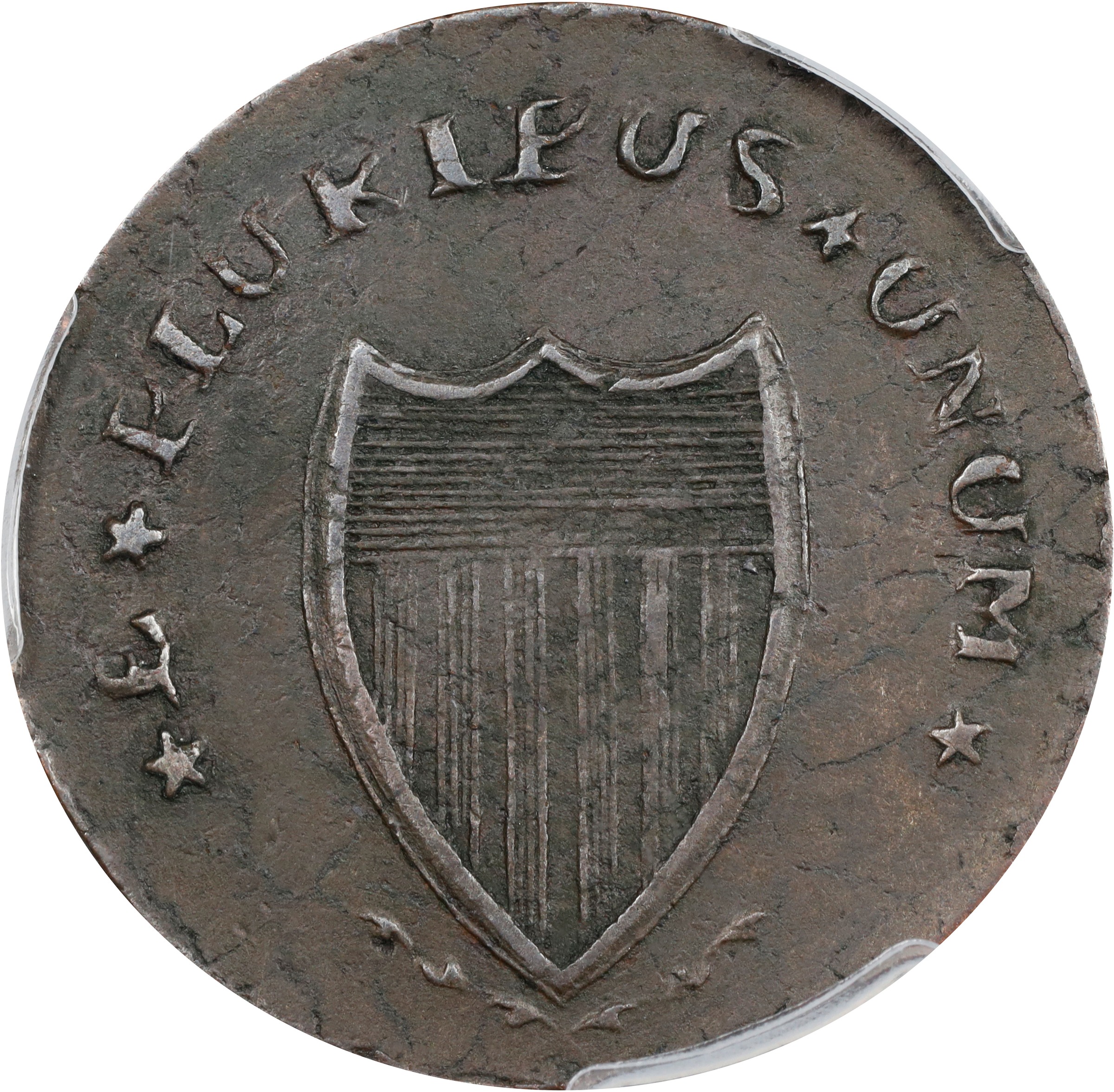 image for: 1786 New Jersey Copper. Maris 17-b, W-4870. Rarity-3. Straight Plow Beam, Chess Knight, PLUKIBUS. Large Planchet. EF-40 (PCGS).