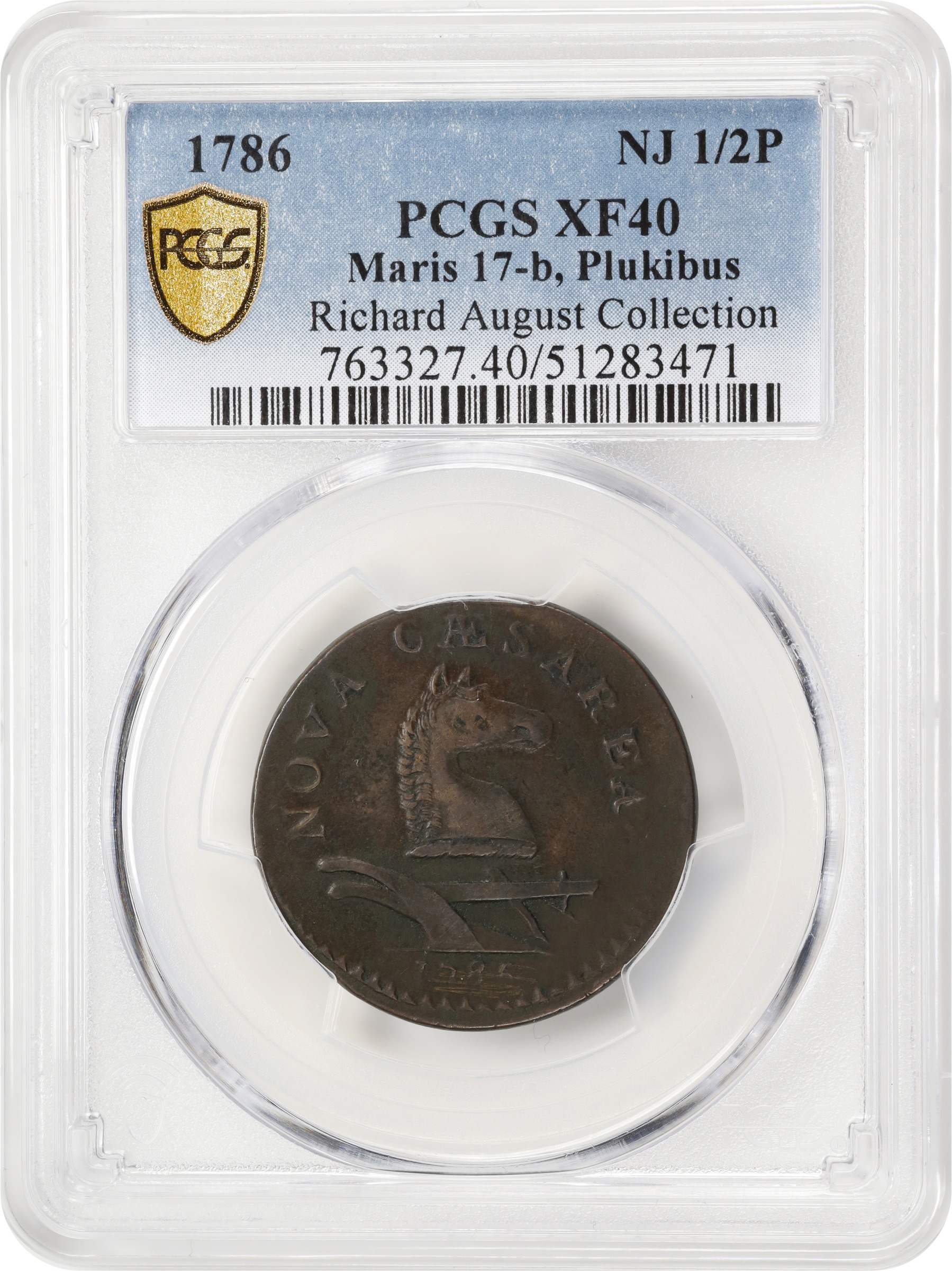 image for: 1786 New Jersey Copper. Maris 17-b, W-4870. Rarity-3. Straight Plow Beam, Chess Knight, PLUKIBUS. Large Planchet. EF-40 (PCGS).