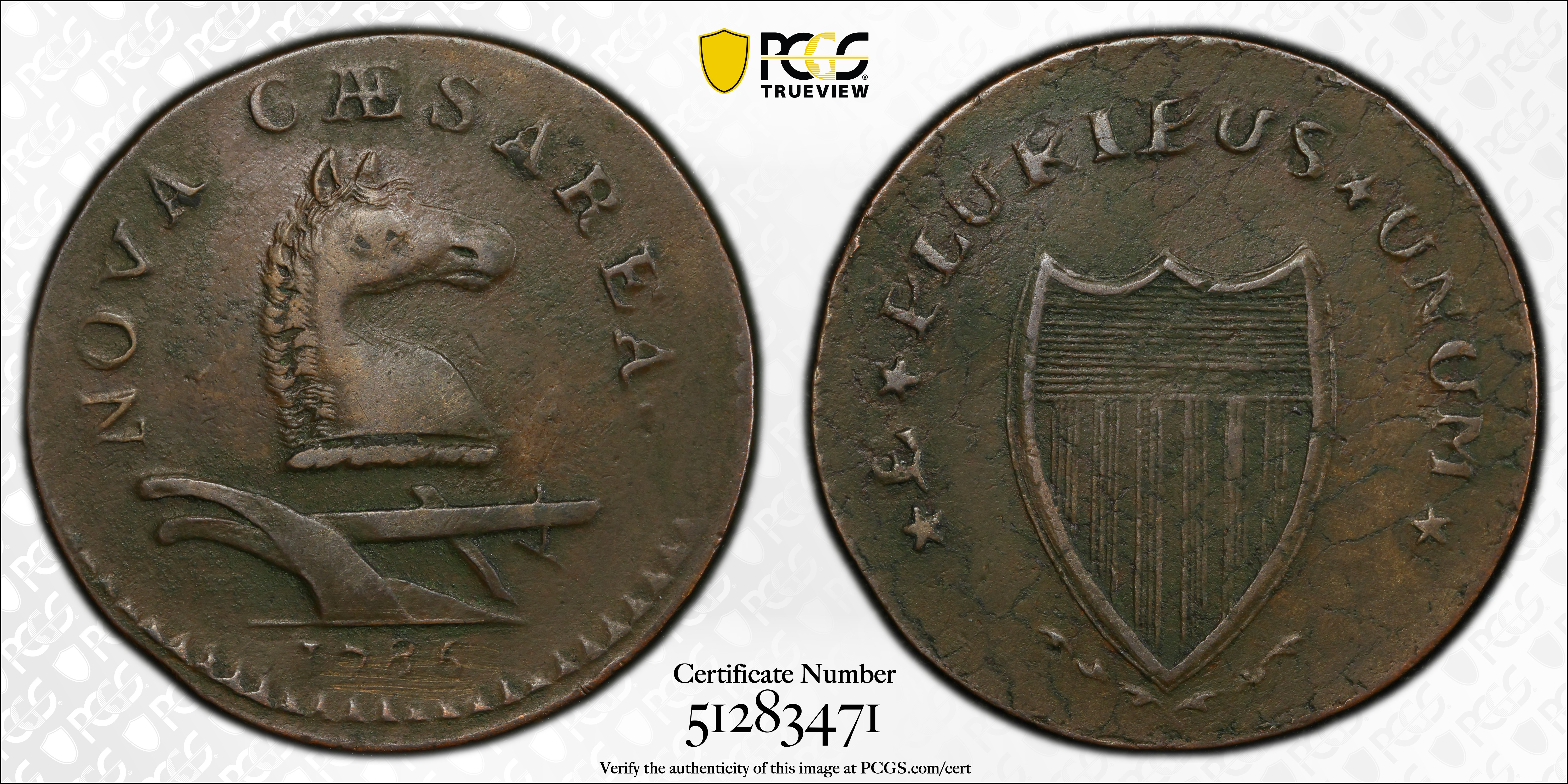 image for: 1786 New Jersey Copper. Maris 17-b, W-4870. Rarity-3. Straight Plow Beam, Chess Knight, PLUKIBUS. Large Planchet. EF-40 (PCGS).