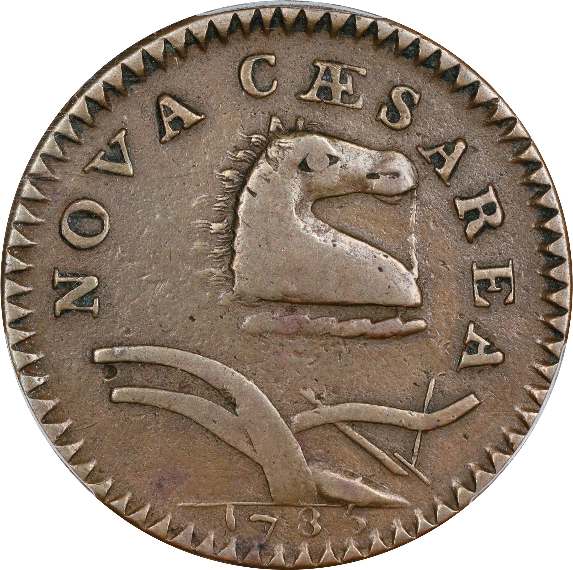 image for: 1786 New Jersey Copper. Maris 18-M, W-4890. Rarity-2. Curved Plow Beam, Bridle, Wide Shield. VF-35 (PCGS).