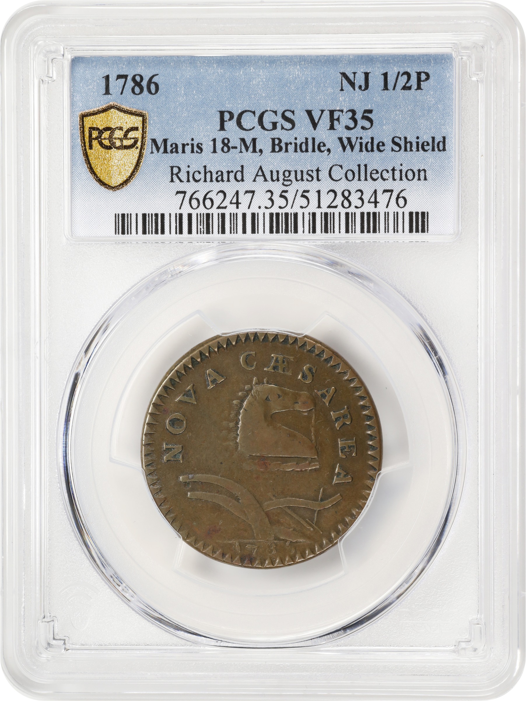 image for: 1786 New Jersey Copper. Maris 18-M, W-4890. Rarity-2. Curved Plow Beam, Bridle, Wide Shield. VF-35 (PCGS).