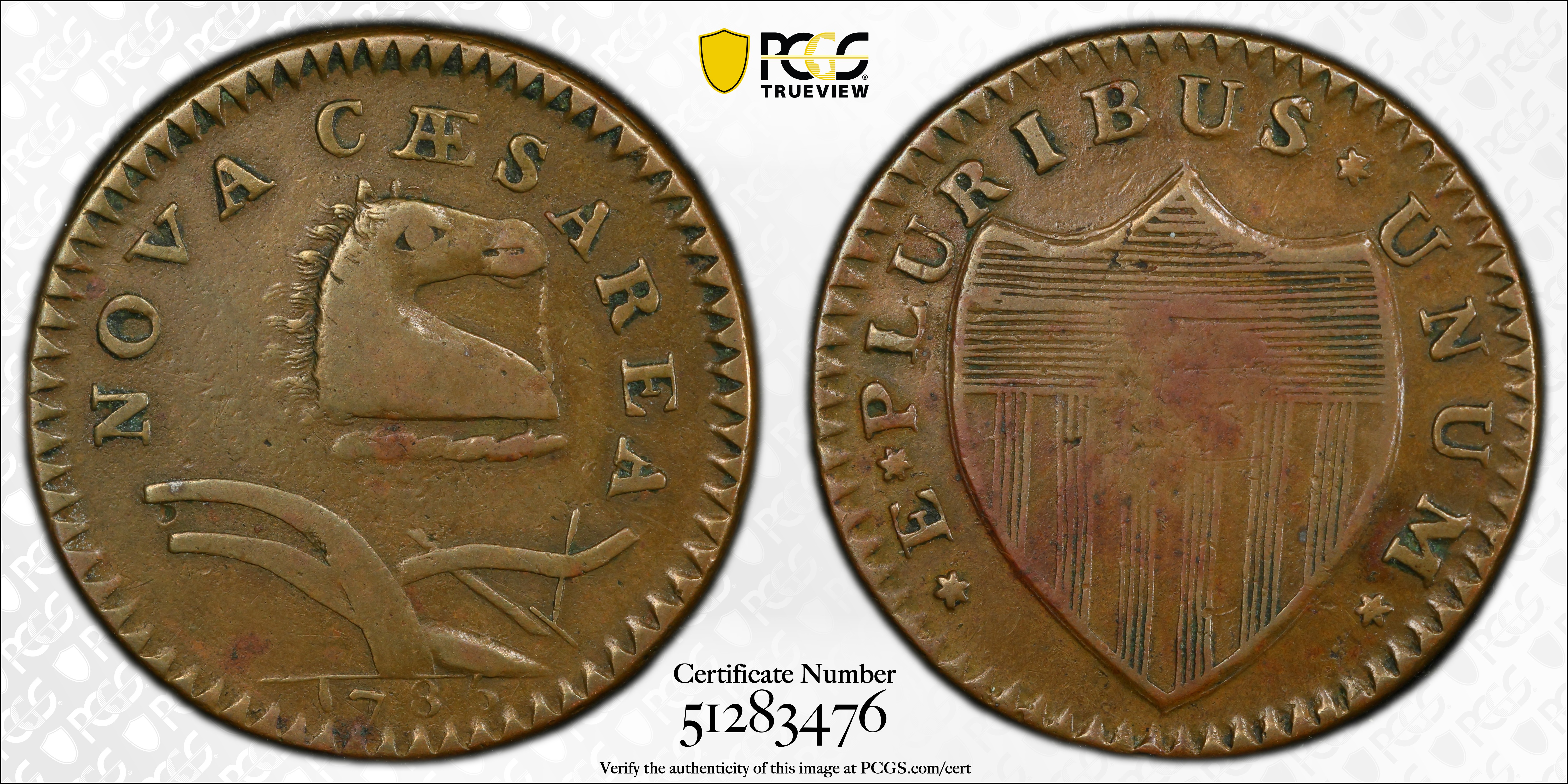 image for: 1786 New Jersey Copper. Maris 18-M, W-4890. Rarity-2. Curved Plow Beam, Bridle, Wide Shield. VF-35 (PCGS).