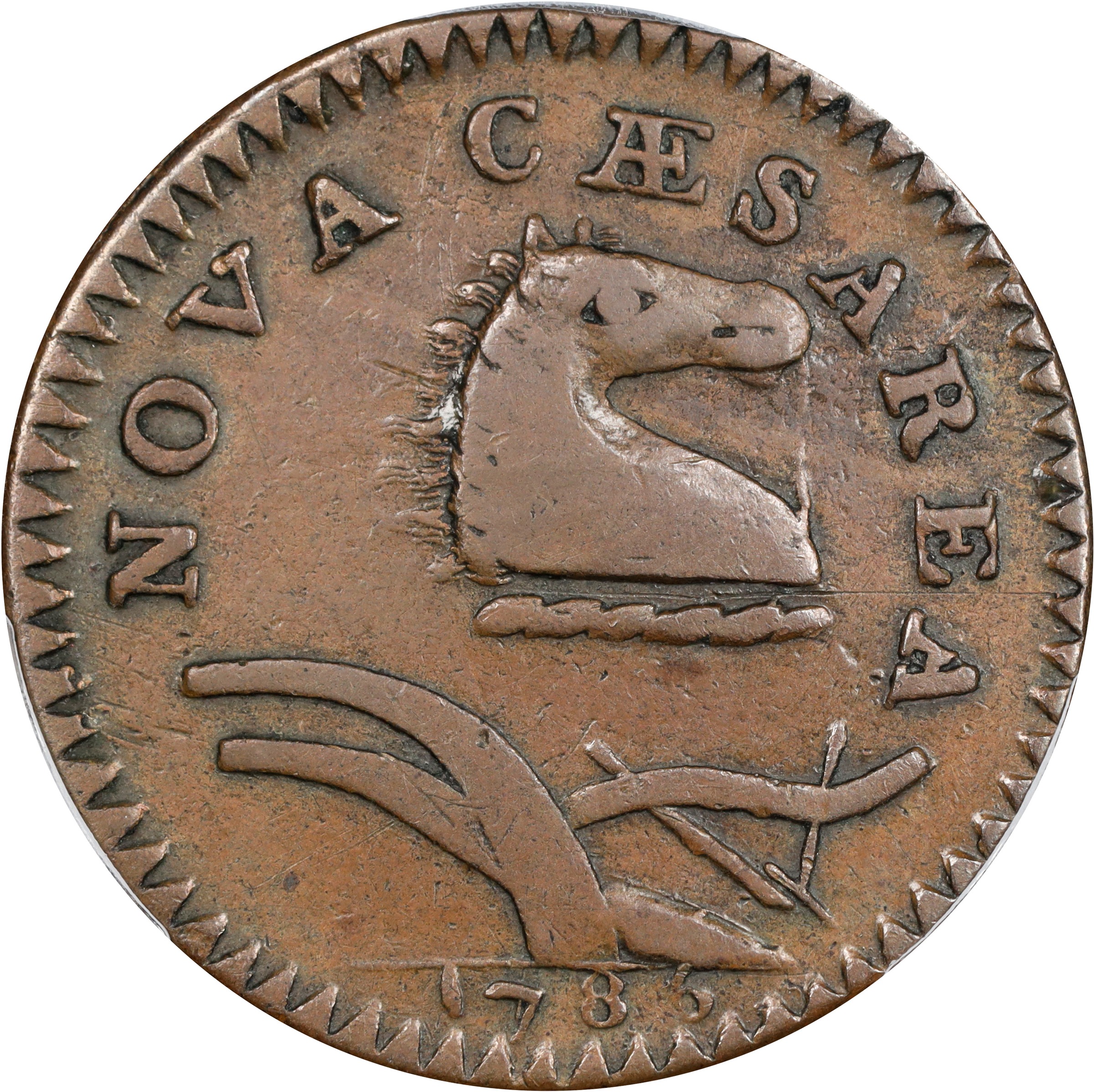 image for: 1786 New Jersey Copper. Maris 18-M, W-4890. Rarity-2. Curved Plow Beam, Bridle, Wide Shield. VF-35 (PCGS).