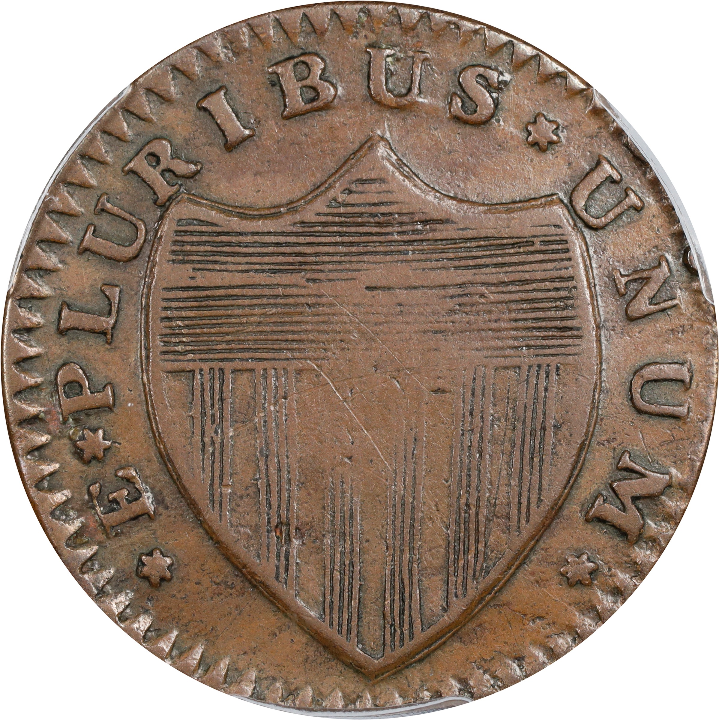 image for: 1786 New Jersey Copper. Maris 18-M, W-4890. Rarity-2. Curved Plow Beam, Bridle, Wide Shield. VF-35 (PCGS).