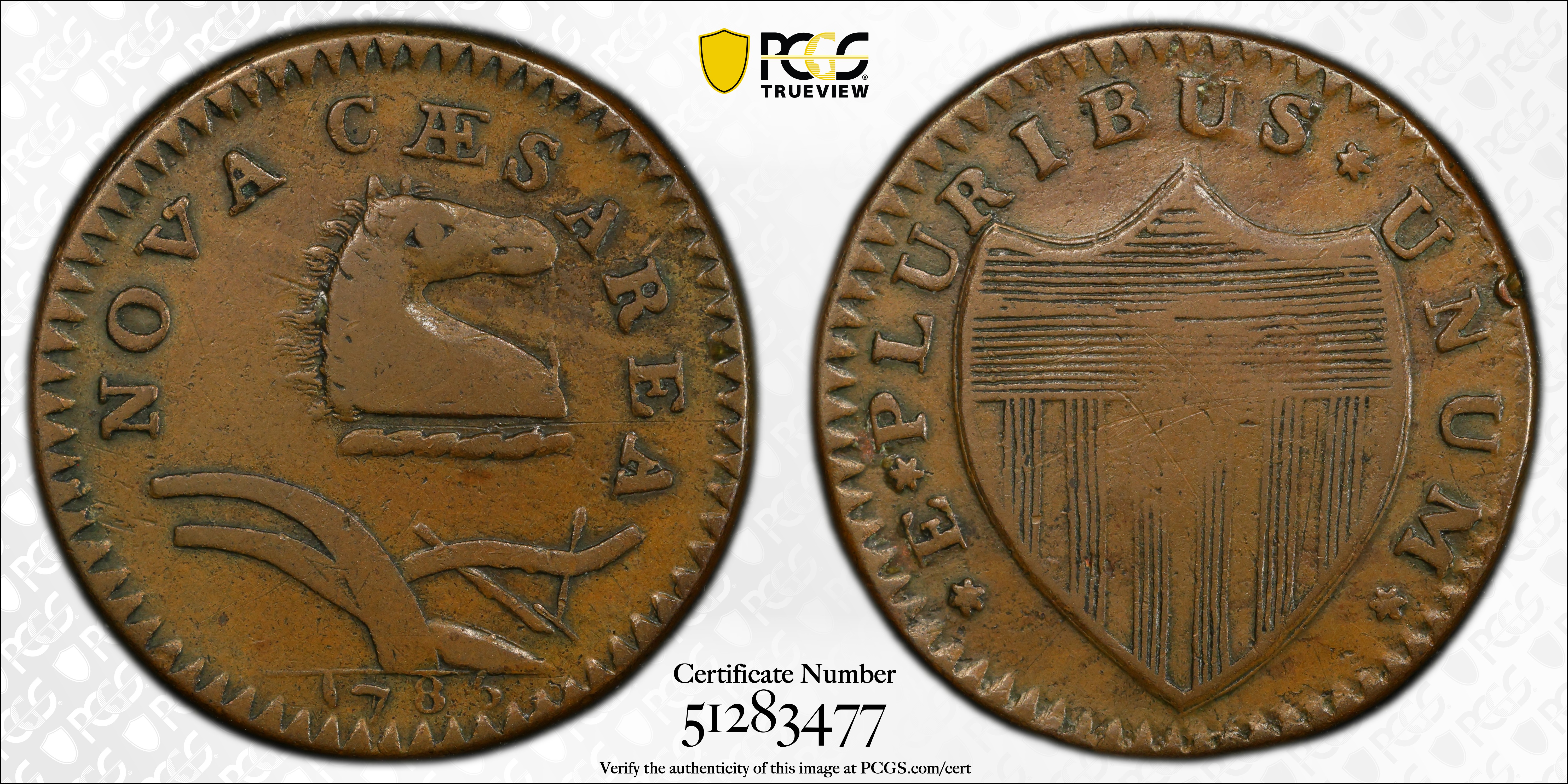 image for: 1786 New Jersey Copper. Maris 18-M, W-4890. Rarity-2. Curved Plow Beam, Bridle, Wide Shield. VF-35 (PCGS).