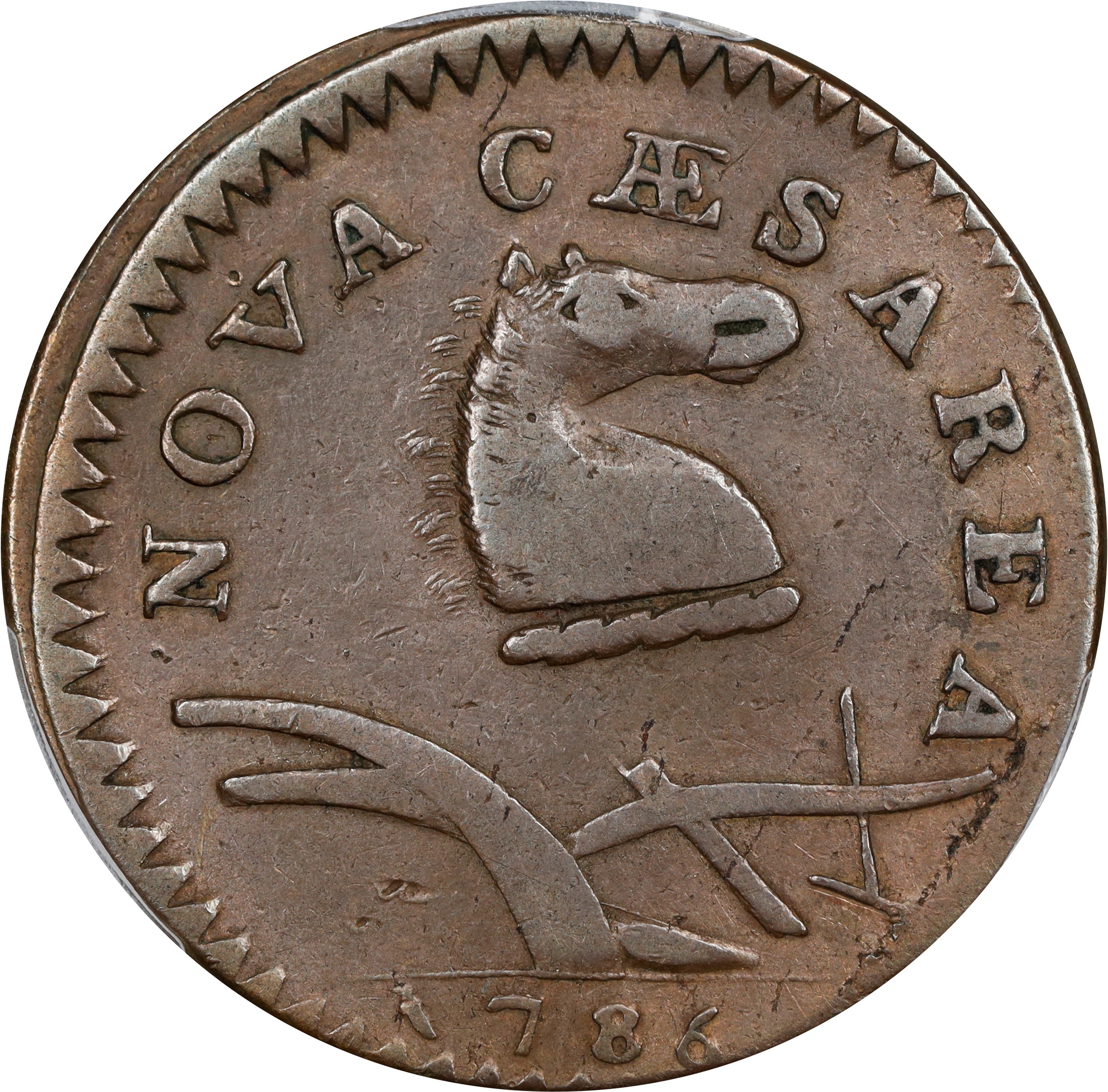 image for: 1786 New Jersey Copper. Maris 19-M, W-4900. Rarity-5. Curved Plow Beam, Drunken Die Cutter, Wide Shield. EF-40 (PCGS).