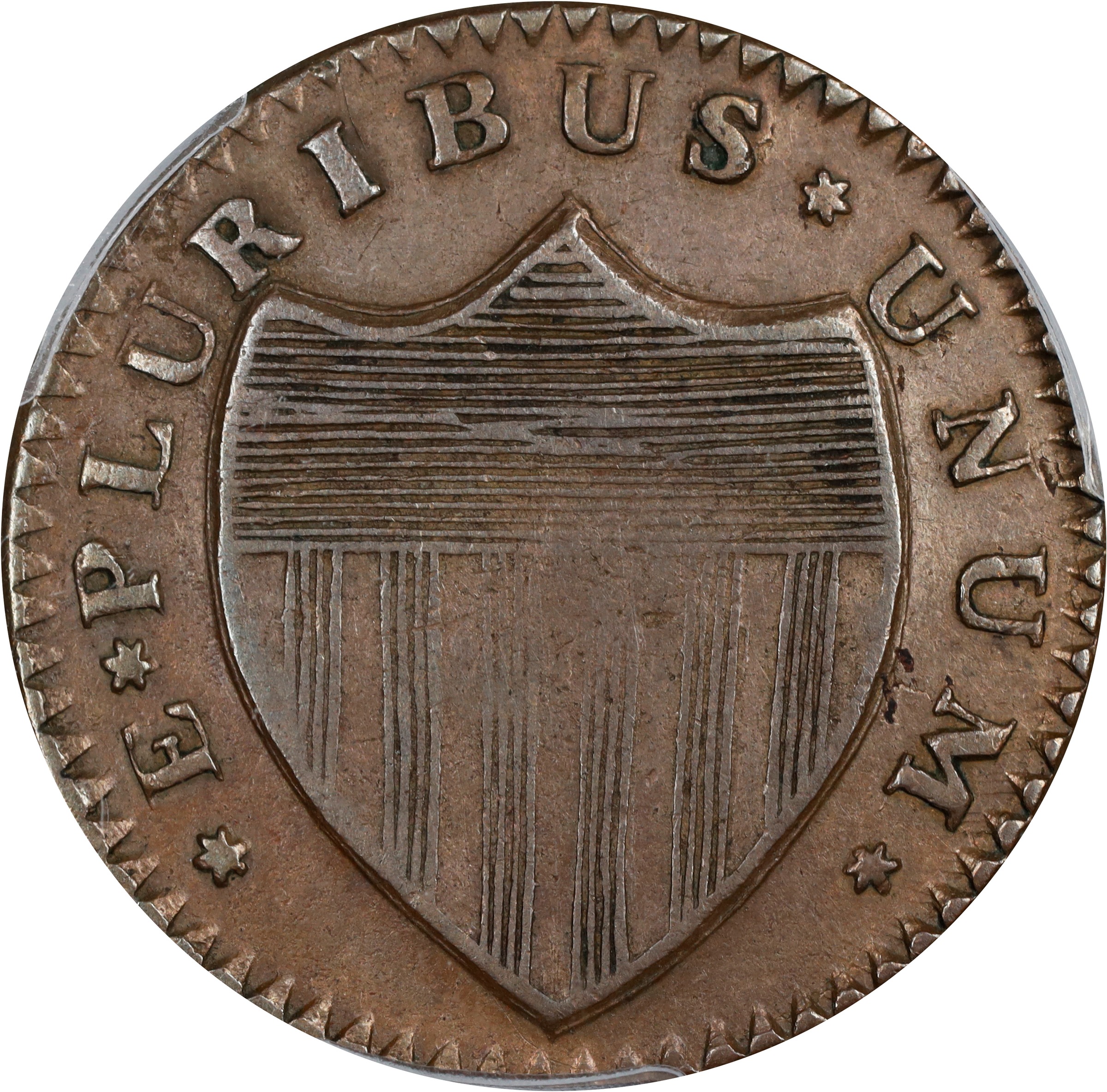 image for: 1786 New Jersey Copper. Maris 19-M, W-4900. Rarity-5. Curved Plow Beam, Drunken Die Cutter, Wide Shield. EF-40 (PCGS).