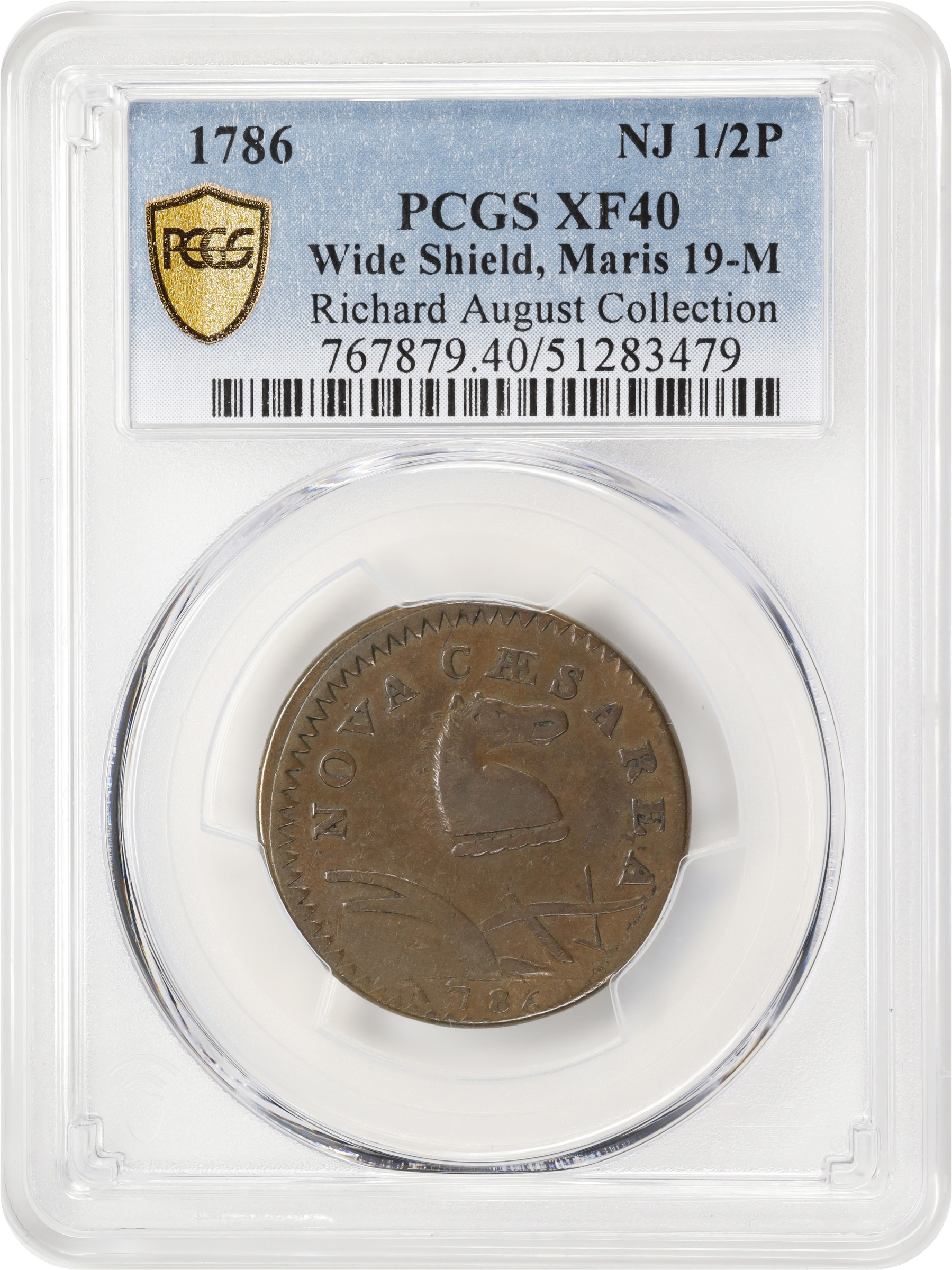 image for: 1786 New Jersey Copper. Maris 19-M, W-4900. Rarity-5. Curved Plow Beam, Drunken Die Cutter, Wide Shield. EF-40 (PCGS).