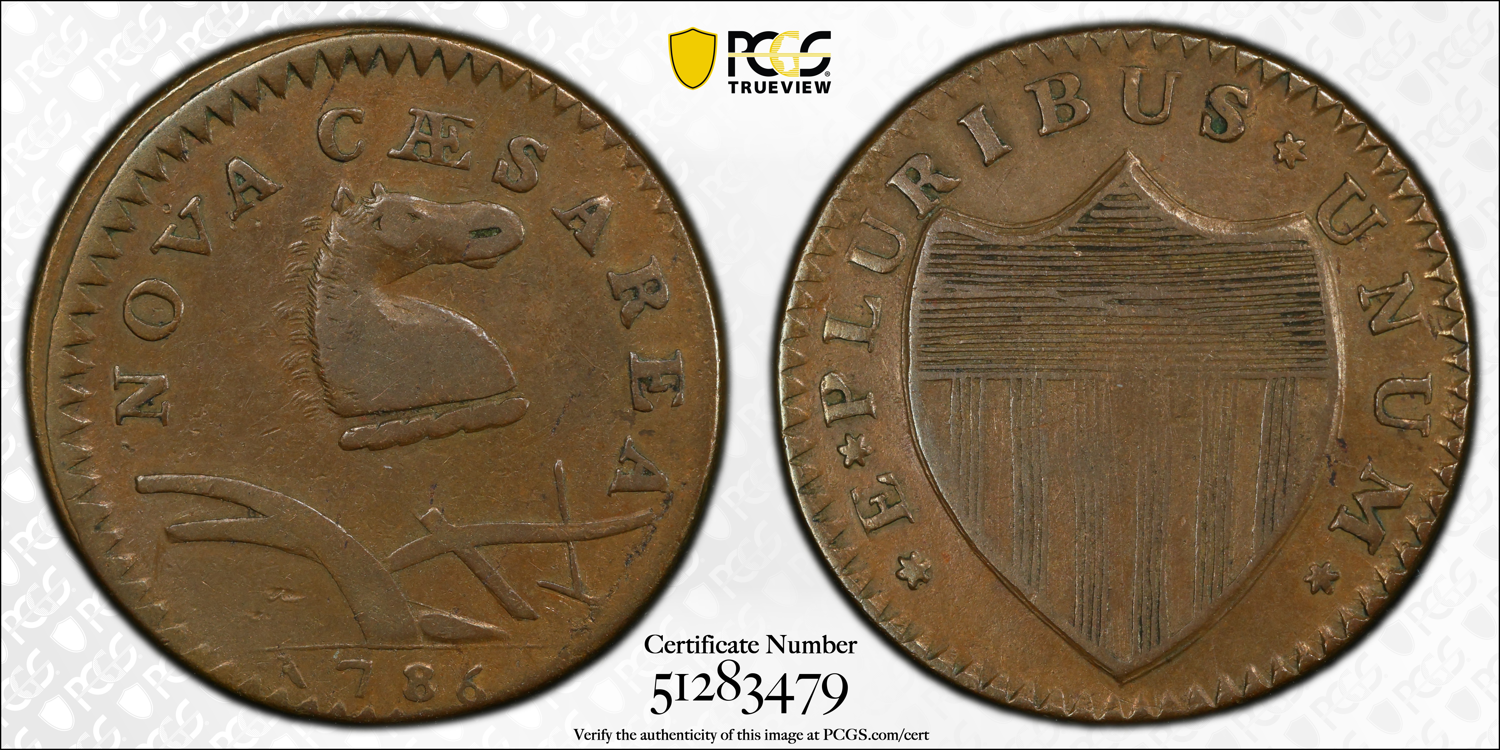 image for: 1786 New Jersey Copper. Maris 19-M, W-4900. Rarity-5. Curved Plow Beam, Drunken Die Cutter, Wide Shield. EF-40 (PCGS).