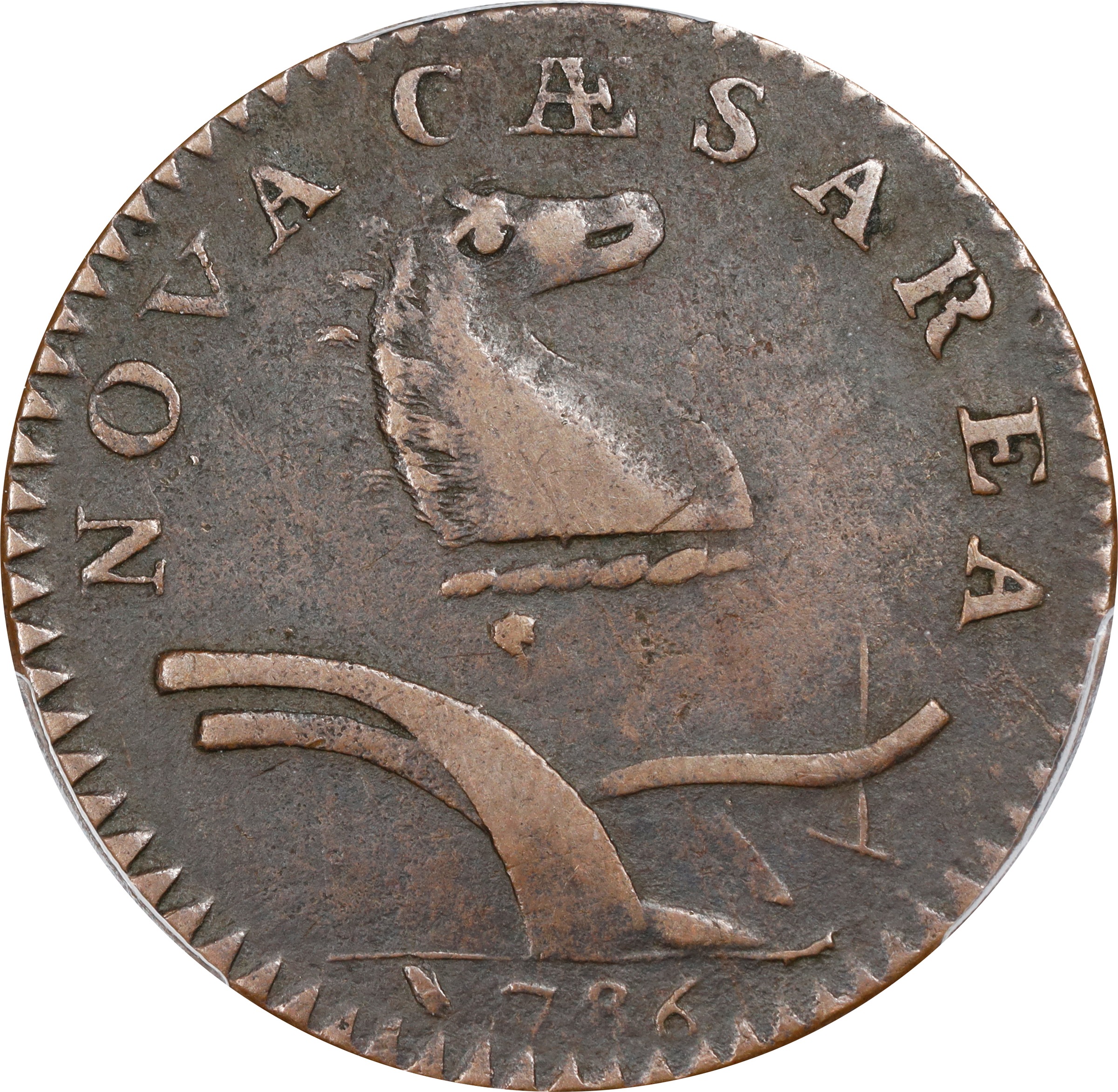 image for: 1786 New Jersey Copper. Maris 20-N, W-4905. Rarity-4. Curved Plow Beam, Drunken Die Cutter, Wide Shield. EF-40 (PCGS).