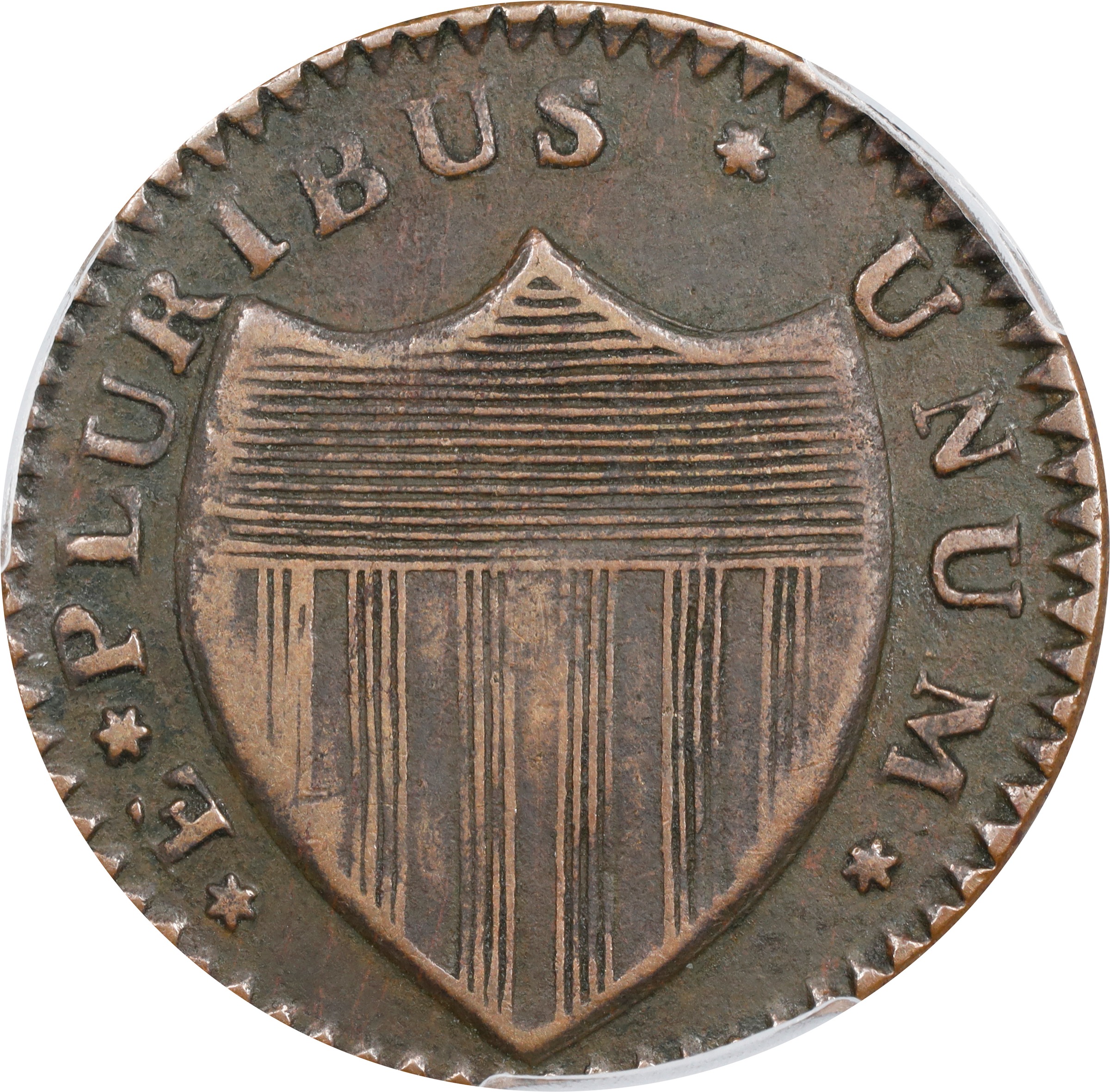 image for: 1786 New Jersey Copper. Maris 20-N, W-4905. Rarity-4. Curved Plow Beam, Drunken Die Cutter, Wide Shield. EF-40 (PCGS).