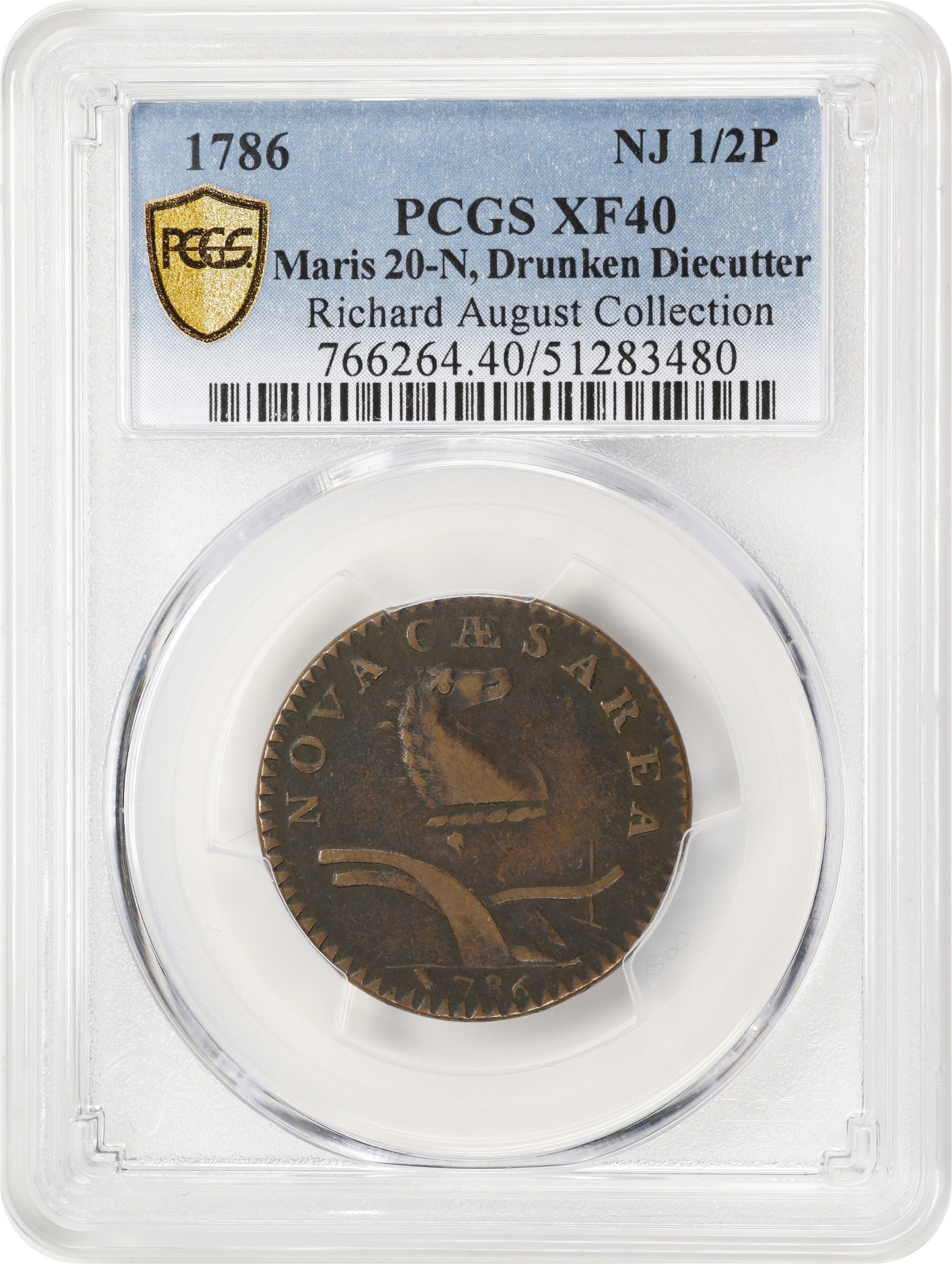 image for: 1786 New Jersey Copper. Maris 20-N, W-4905. Rarity-4. Curved Plow Beam, Drunken Die Cutter, Wide Shield. EF-40 (PCGS).