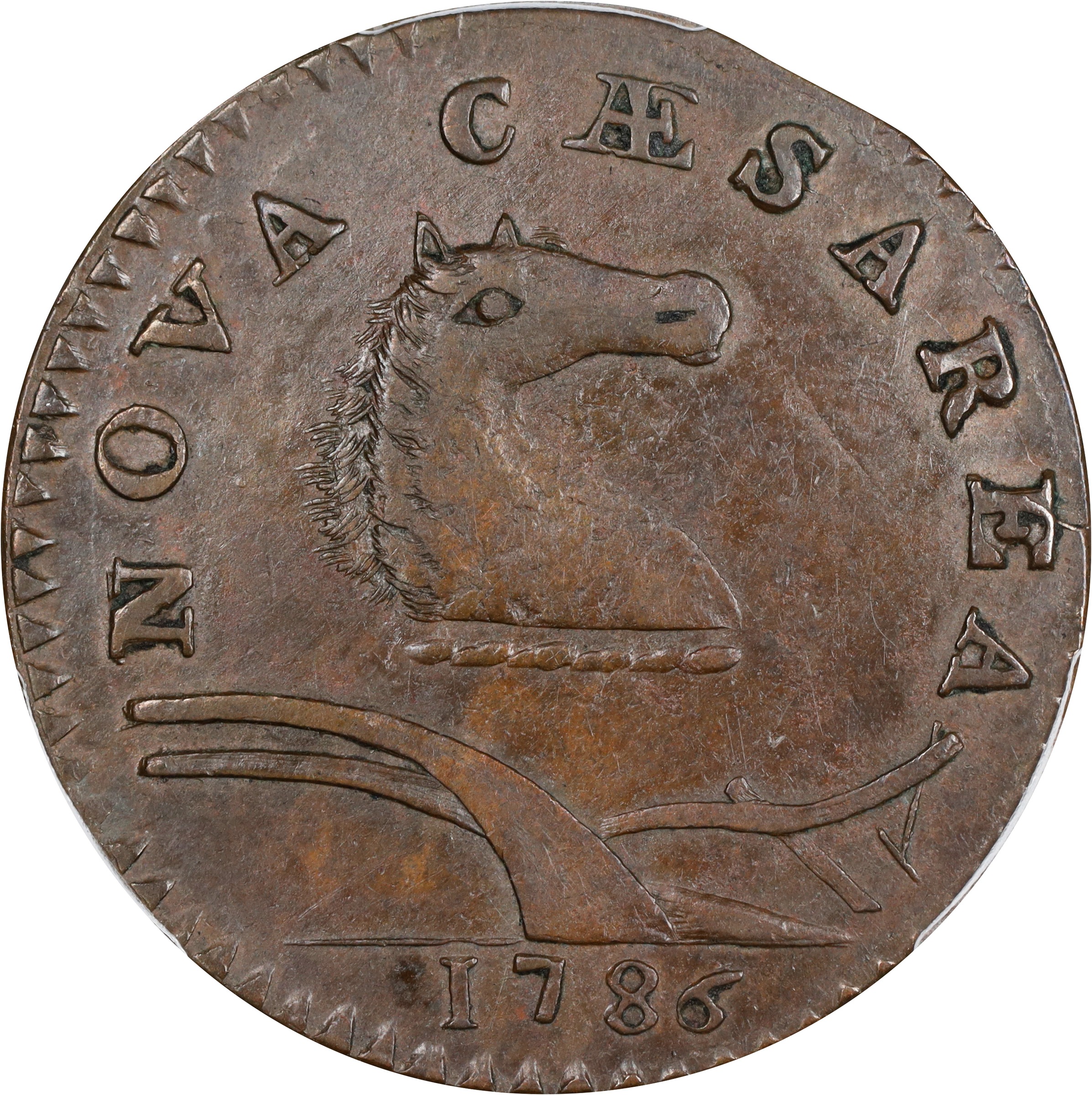 image for: 1786 New Jersey Copper. Maris 21-P, W-4920. Rarity-5. Curved Plow Beam, Mane Punch Before Ears, Narrow Shield. AU-58 (PCGS).