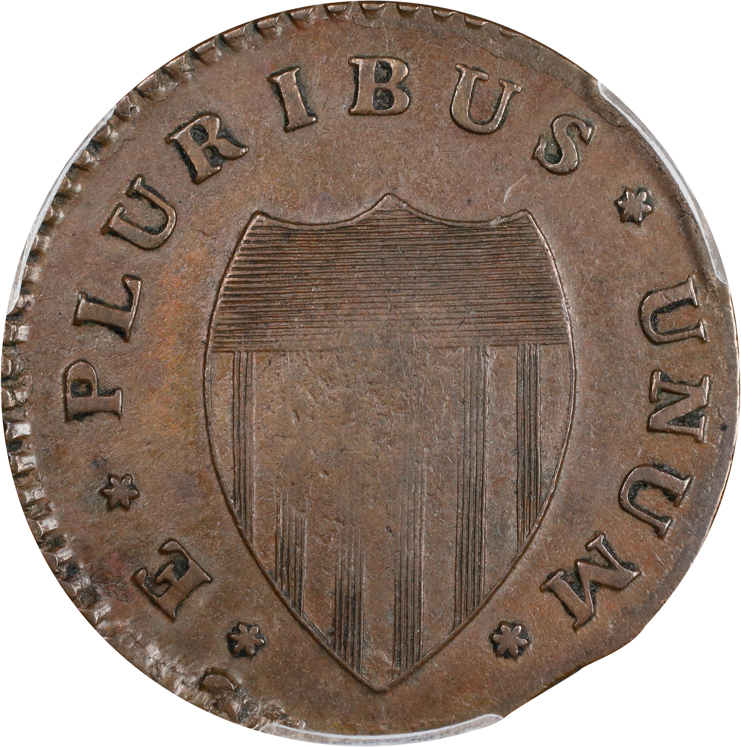 image for: 1786 New Jersey Copper. Maris 21-P, W-4920. Rarity-5. Curved Plow Beam, Mane Punch Before Ears, Narrow Shield. AU-58 (PCGS).