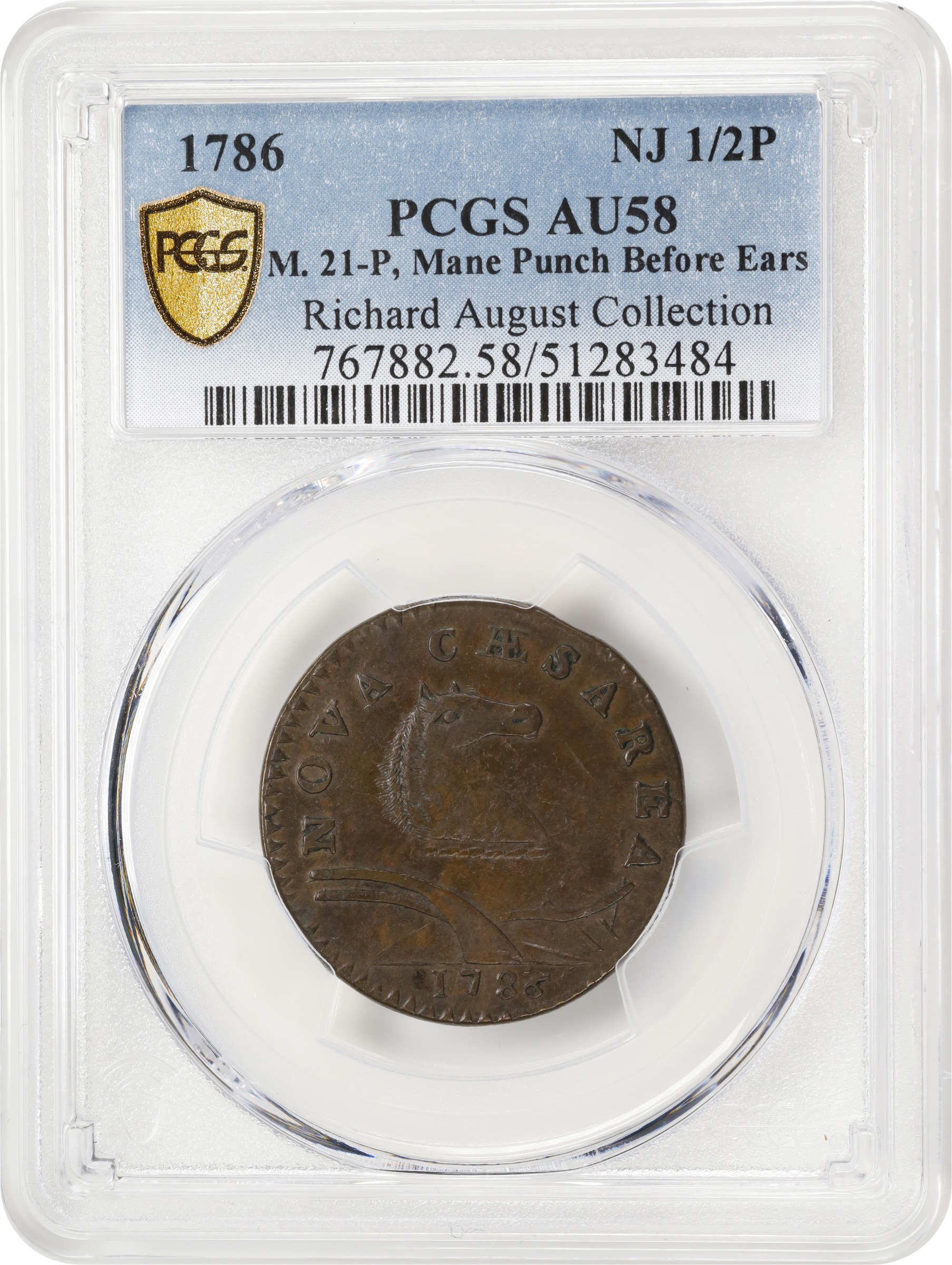 image for: 1786 New Jersey Copper. Maris 21-P, W-4920. Rarity-5. Curved Plow Beam, Mane Punch Before Ears, Narrow Shield. AU-58 (PCGS).
