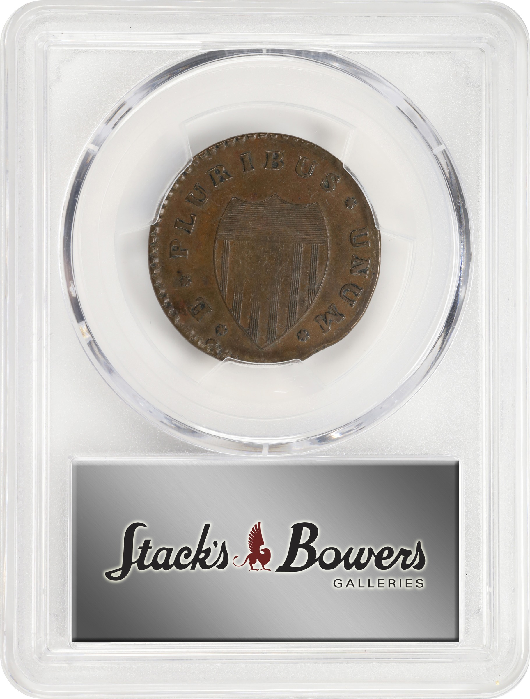 image for: 1786 New Jersey Copper. Maris 21-P, W-4920. Rarity-5. Curved Plow Beam, Mane Punch Before Ears, Narrow Shield. AU-58 (PCGS).