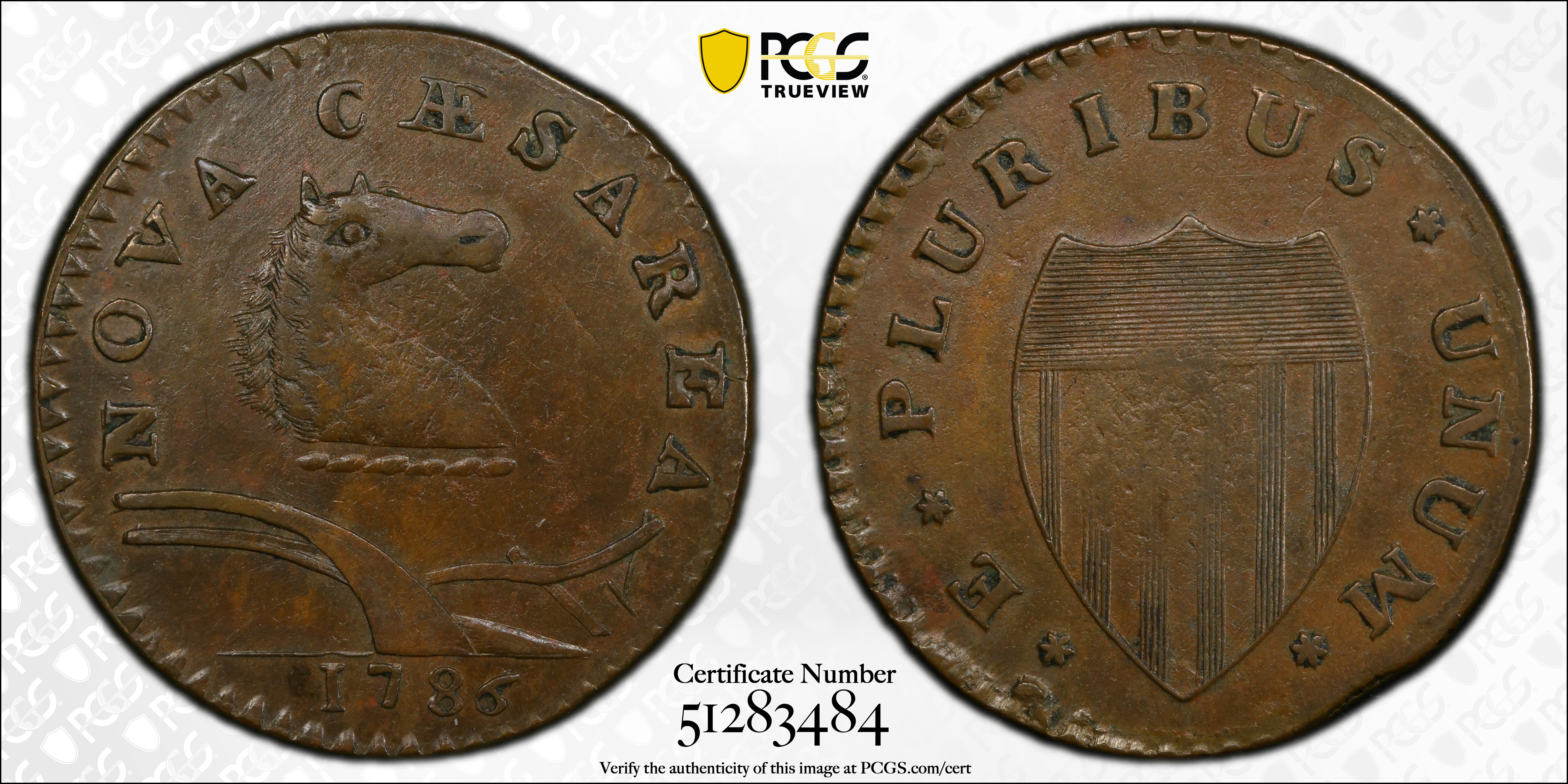 image for: 1786 New Jersey Copper. Maris 21-P, W-4920. Rarity-5. Curved Plow Beam, Mane Punch Before Ears, Narrow Shield. AU-58 (PCGS).
