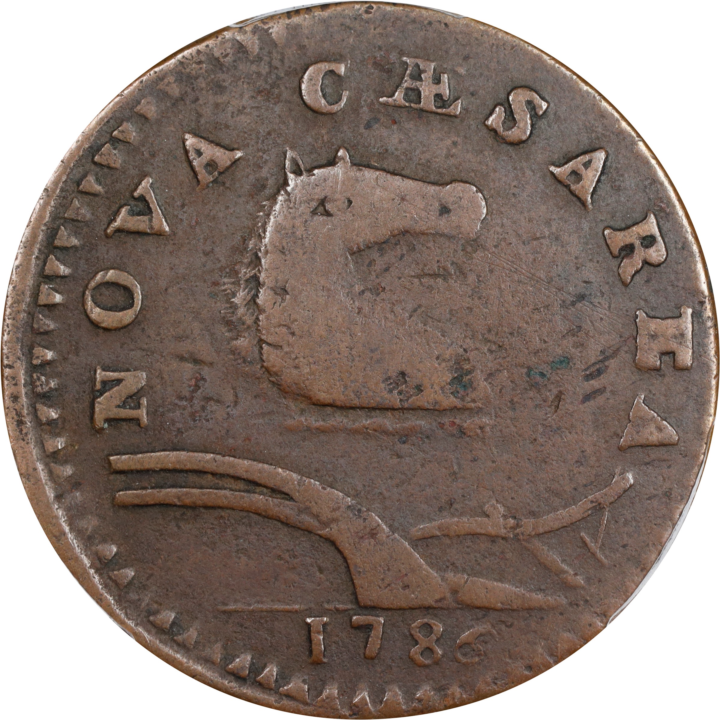 image for: 1786 New Jersey Copper. Maris 21-R, W-4925. Rarity-7-. Curved Plow Beam, Narrow Shield. Fine-15 (PCGS).