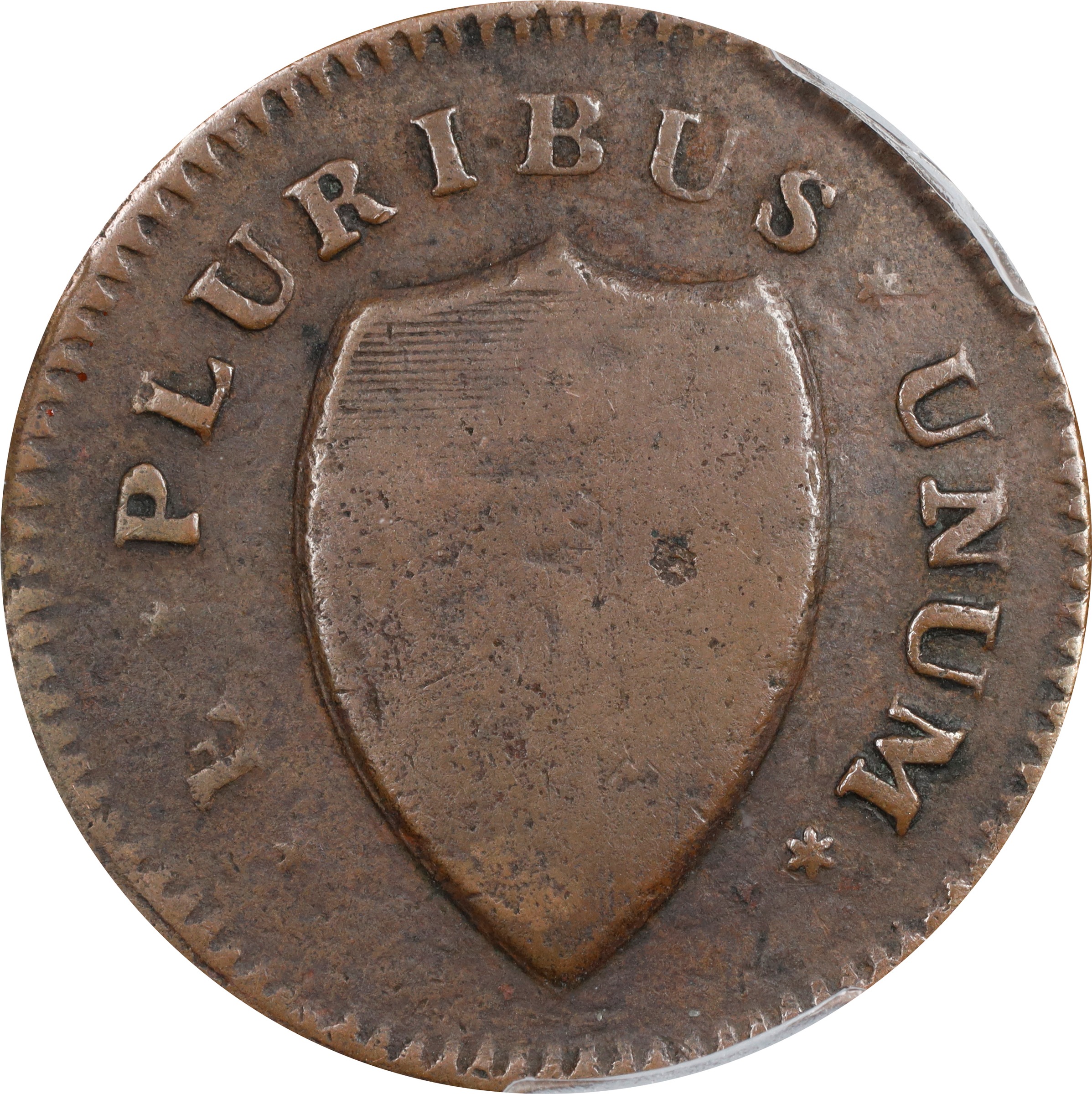 image for: 1786 New Jersey Copper. Maris 21-R, W-4925. Rarity-7-. Curved Plow Beam, Narrow Shield. Fine-15 (PCGS).