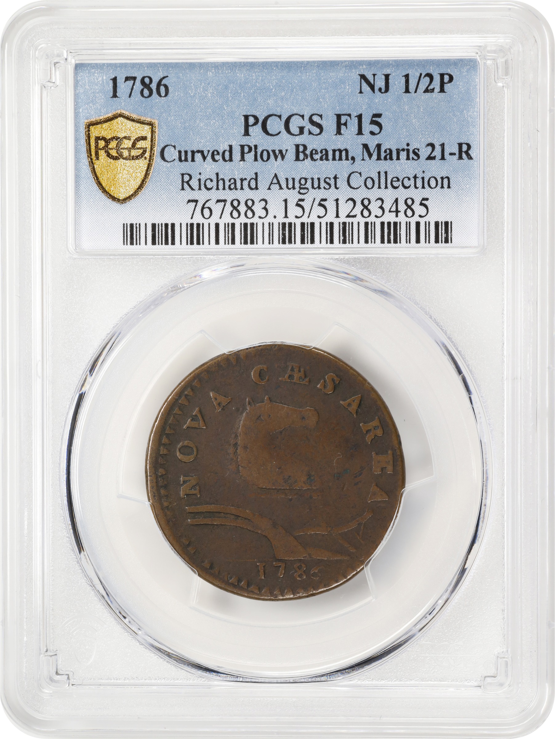 image for: 1786 New Jersey Copper. Maris 21-R, W-4925. Rarity-7-. Curved Plow Beam, Narrow Shield. Fine-15 (PCGS).