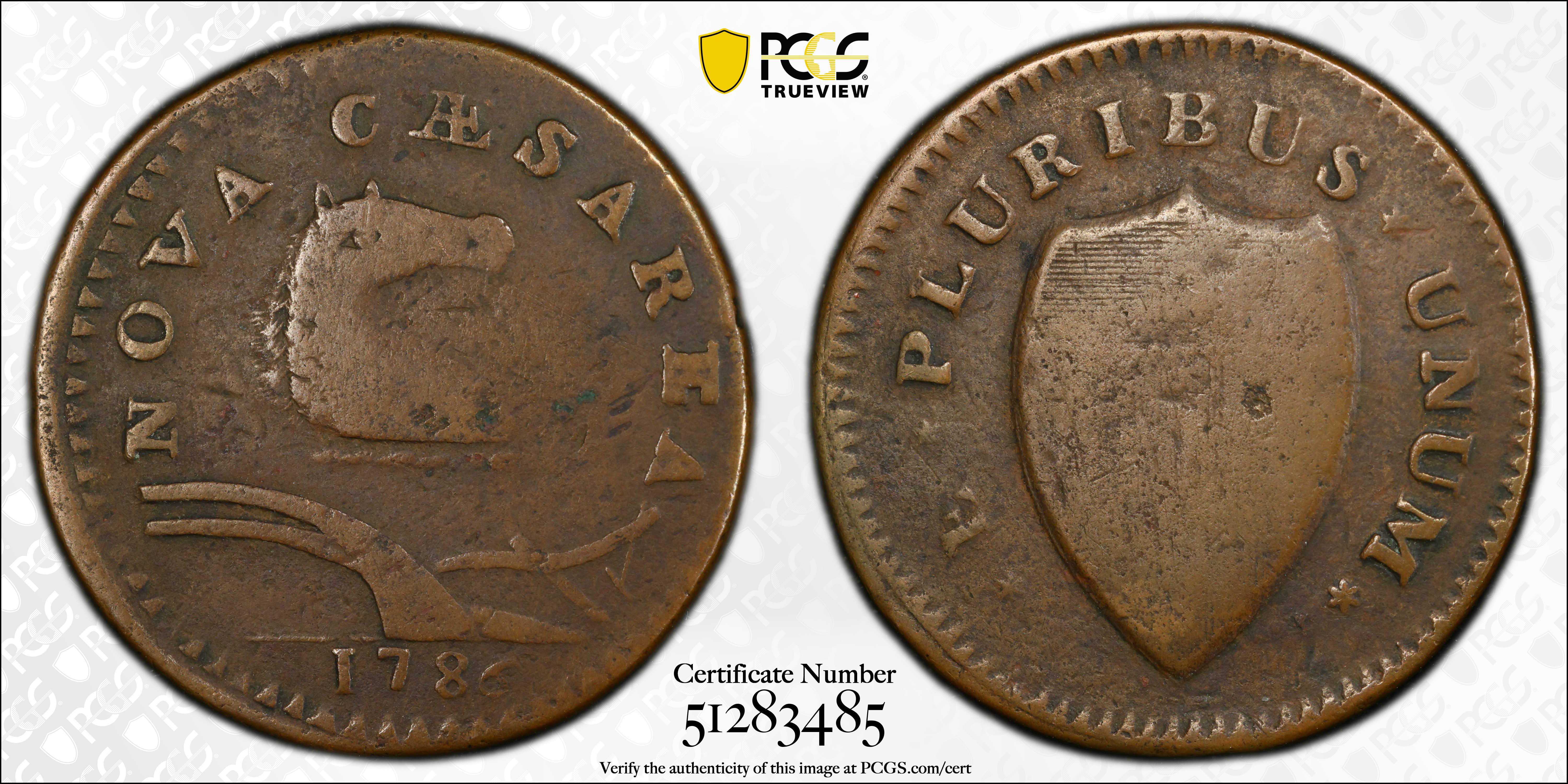 image for: 1786 New Jersey Copper. Maris 21-R, W-4925. Rarity-7-. Curved Plow Beam, Narrow Shield. Fine-15 (PCGS).