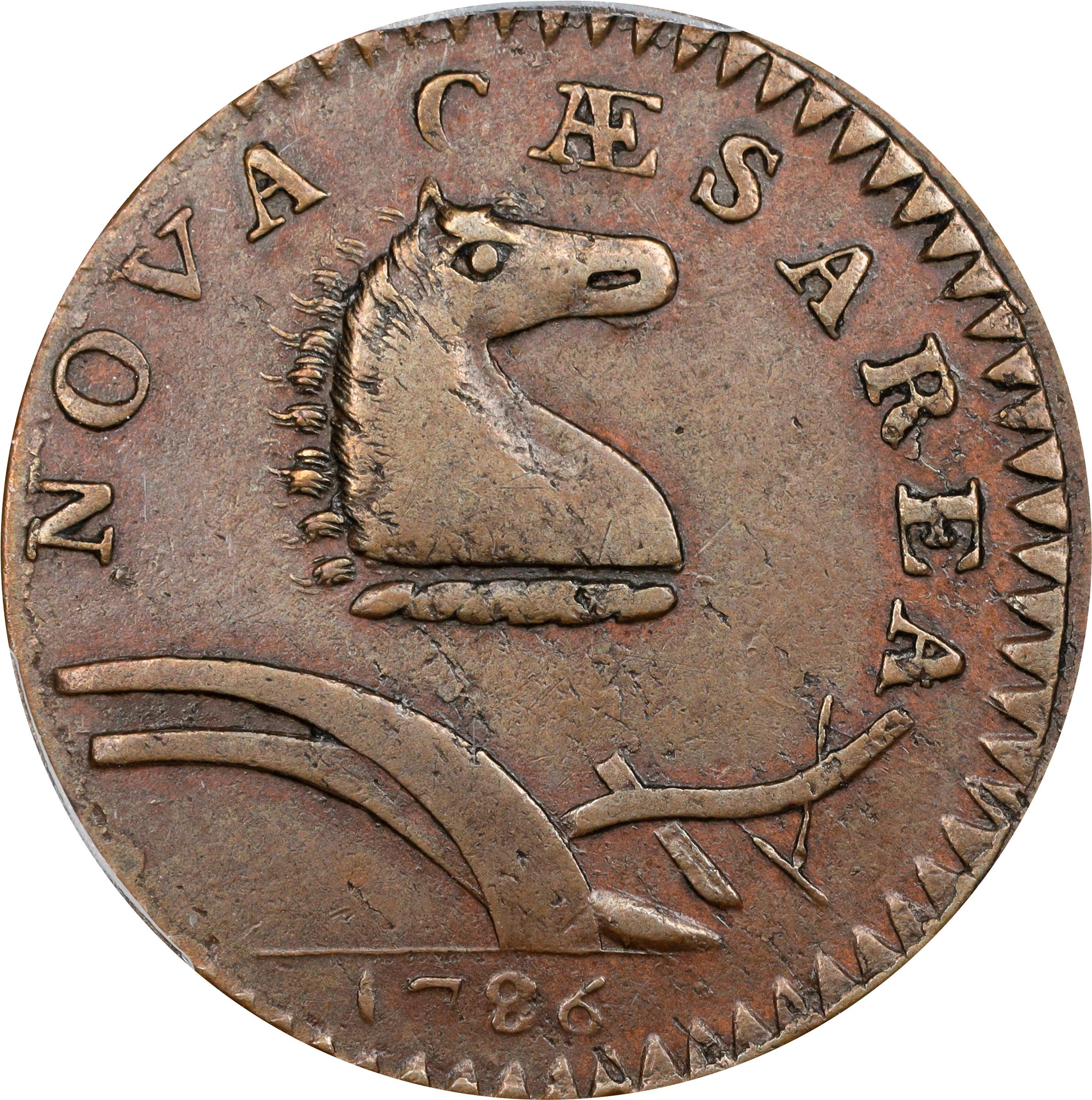 image for: 1786 New Jersey Copper. Maris 24-P, W-4965. Rarity-2. Curved Plow Beam, Narrow Shield. AU-50 (PCGS).