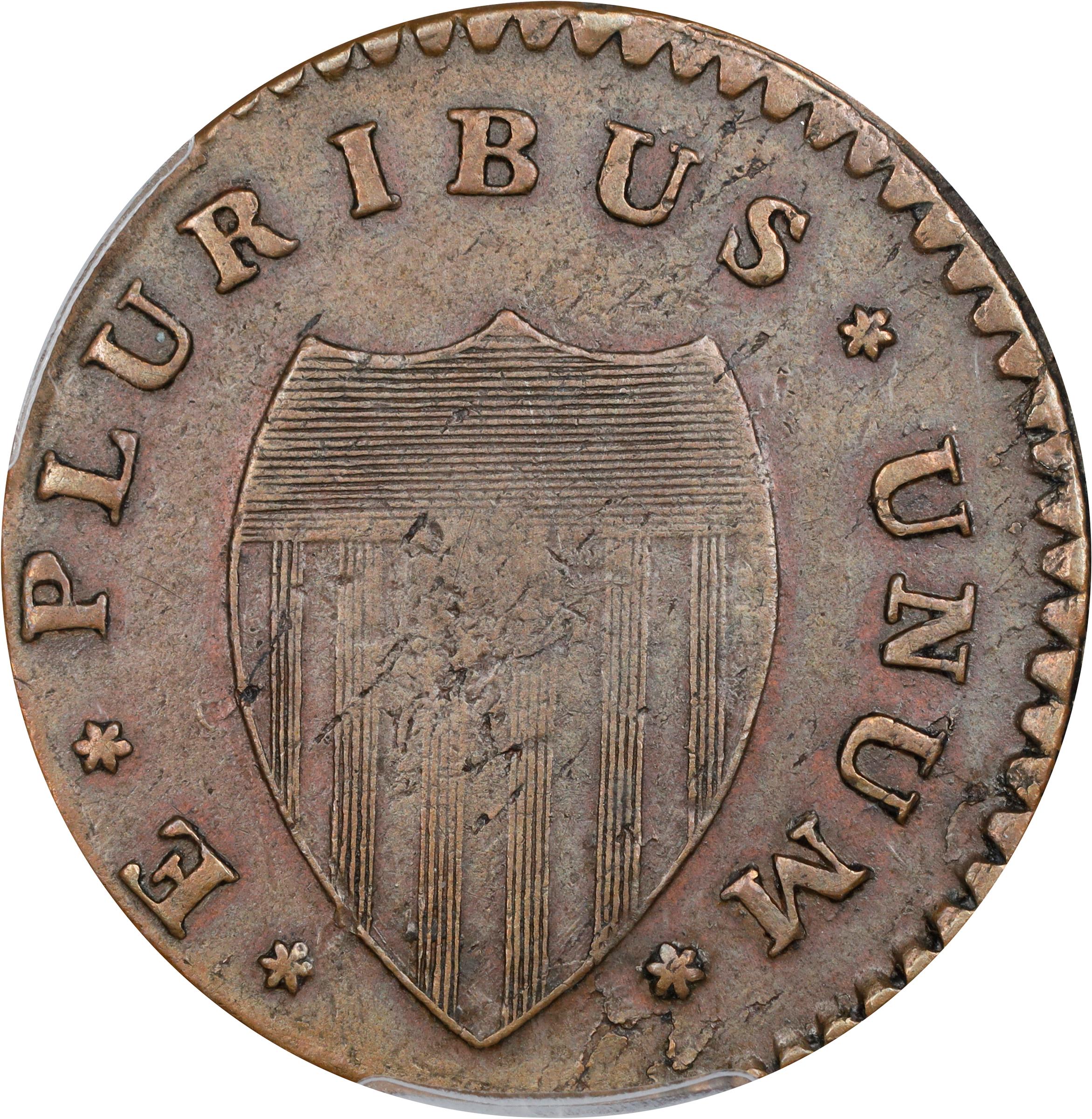image for: 1786 New Jersey Copper. Maris 24-P, W-4965. Rarity-2. Curved Plow Beam, Narrow Shield. AU-50 (PCGS).
