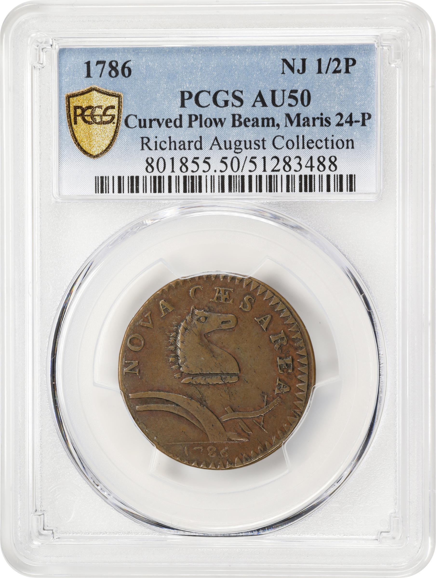 image for: 1786 New Jersey Copper. Maris 24-P, W-4965. Rarity-2. Curved Plow Beam, Narrow Shield. AU-50 (PCGS).