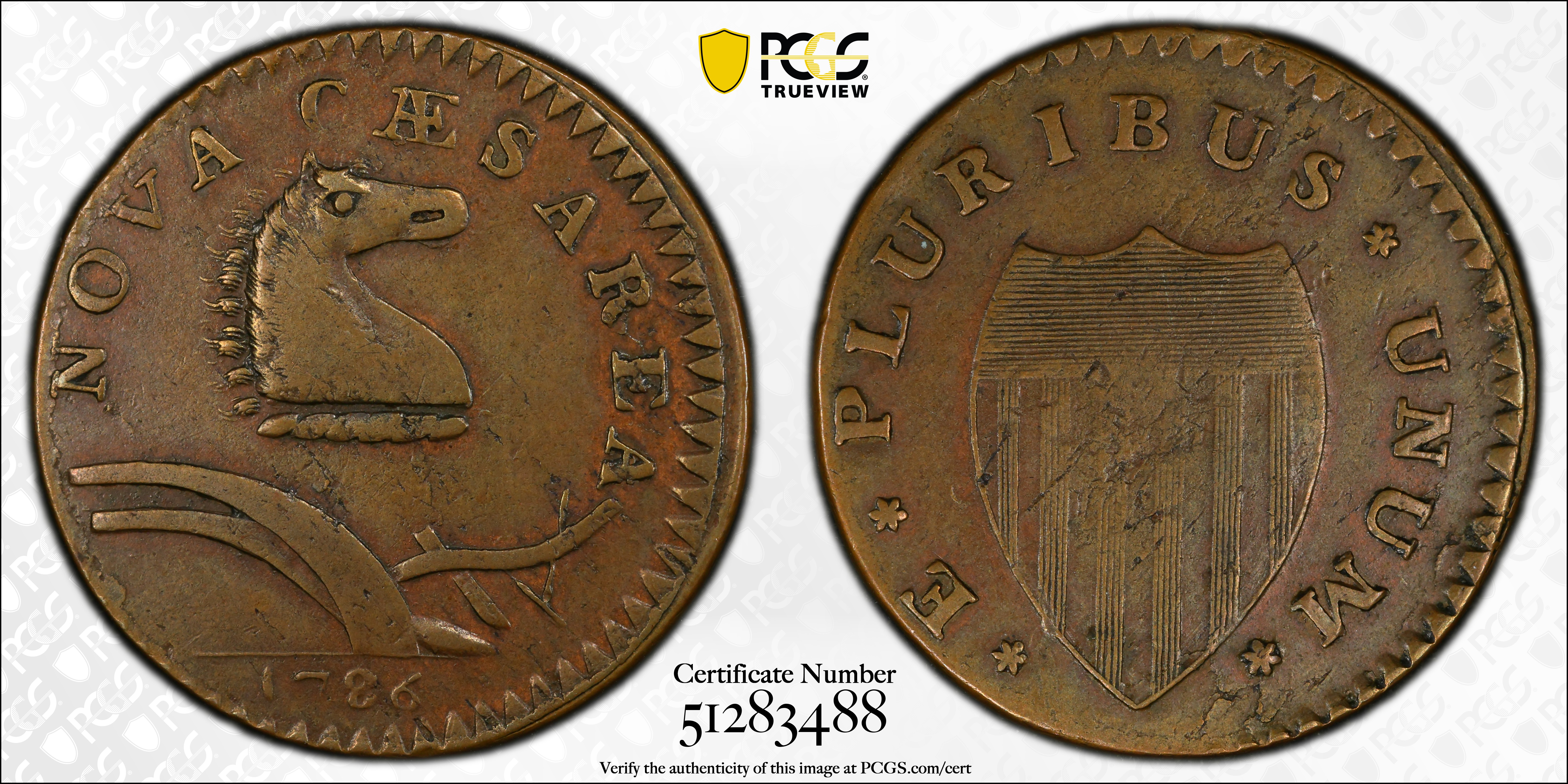 image for: 1786 New Jersey Copper. Maris 24-P, W-4965. Rarity-2. Curved Plow Beam, Narrow Shield. AU-50 (PCGS).
