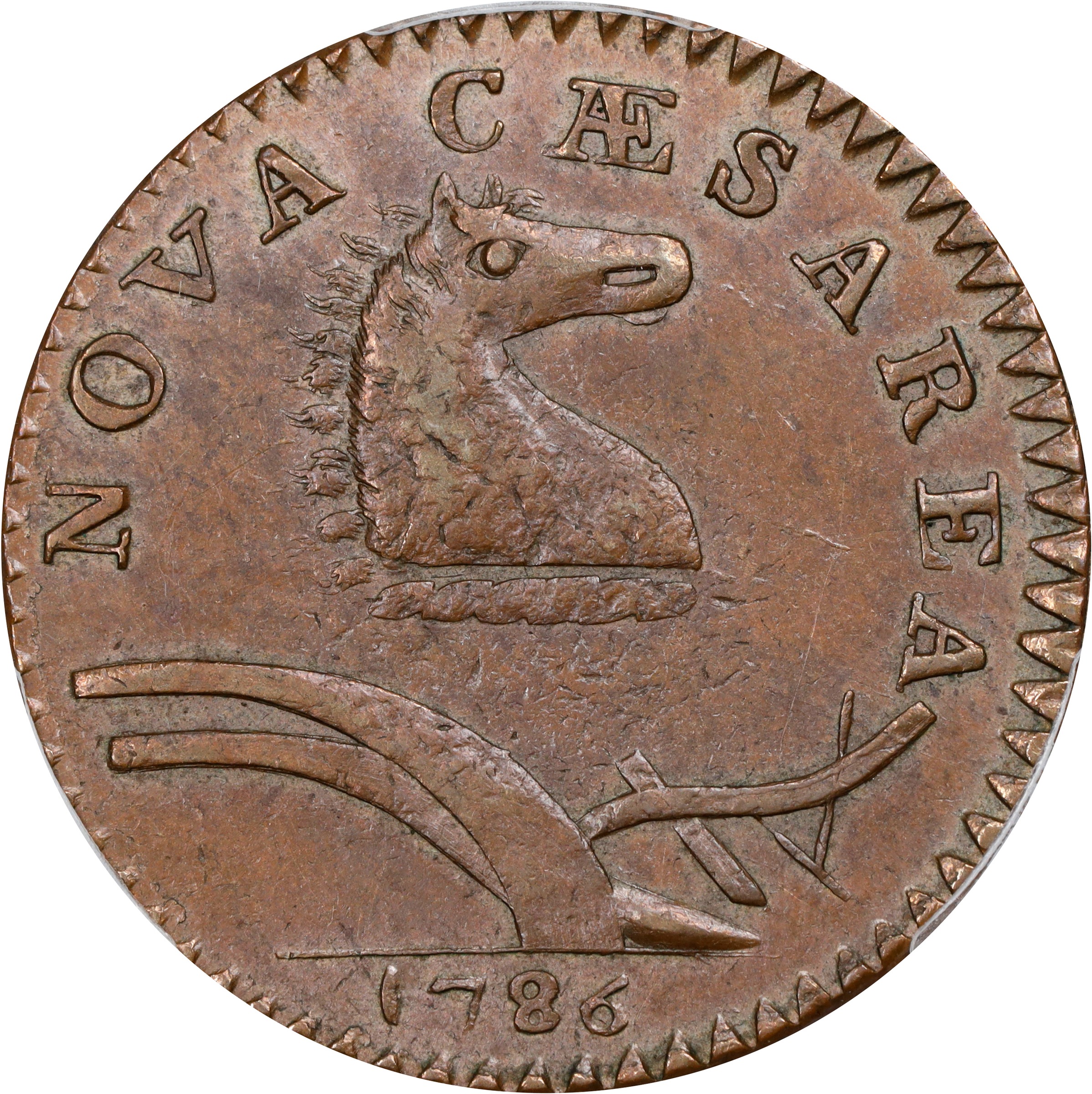 image for: 1786 New Jersey Copper. Maris 24-R, W-4975. Rarity-5. Curved Plow Beam, Narrow Shield. MS-63 BN (PCGS).