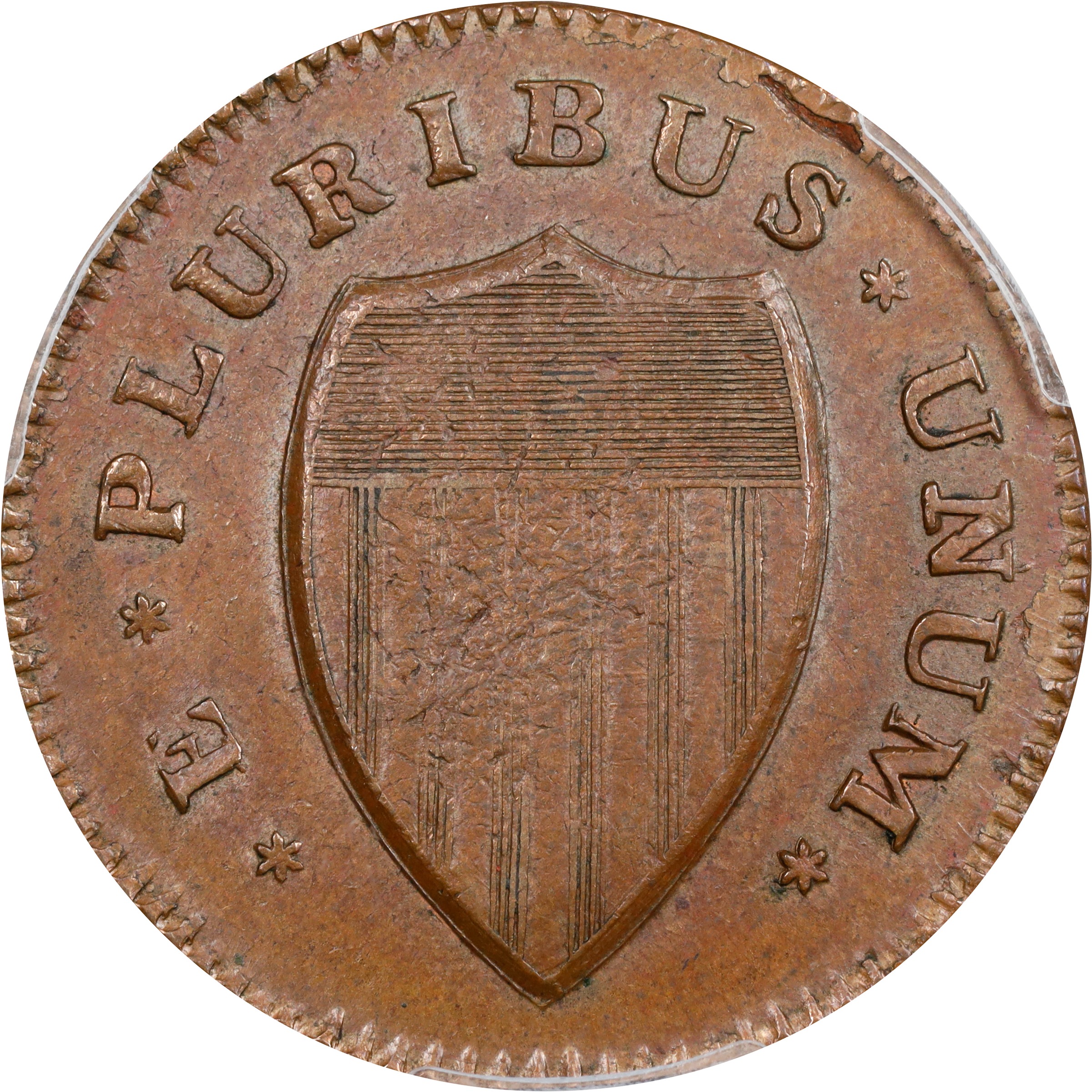 image for: 1786 New Jersey Copper. Maris 24-R, W-4975. Rarity-5. Curved Plow Beam, Narrow Shield. MS-63 BN (PCGS).