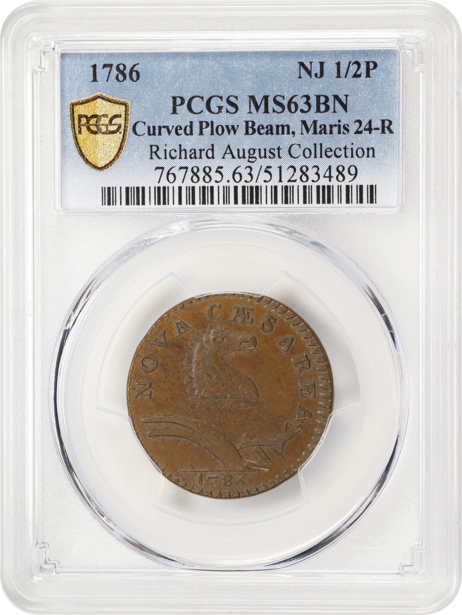image for: 1786 New Jersey Copper. Maris 24-R, W-4975. Rarity-5. Curved Plow Beam, Narrow Shield. MS-63 BN (PCGS).