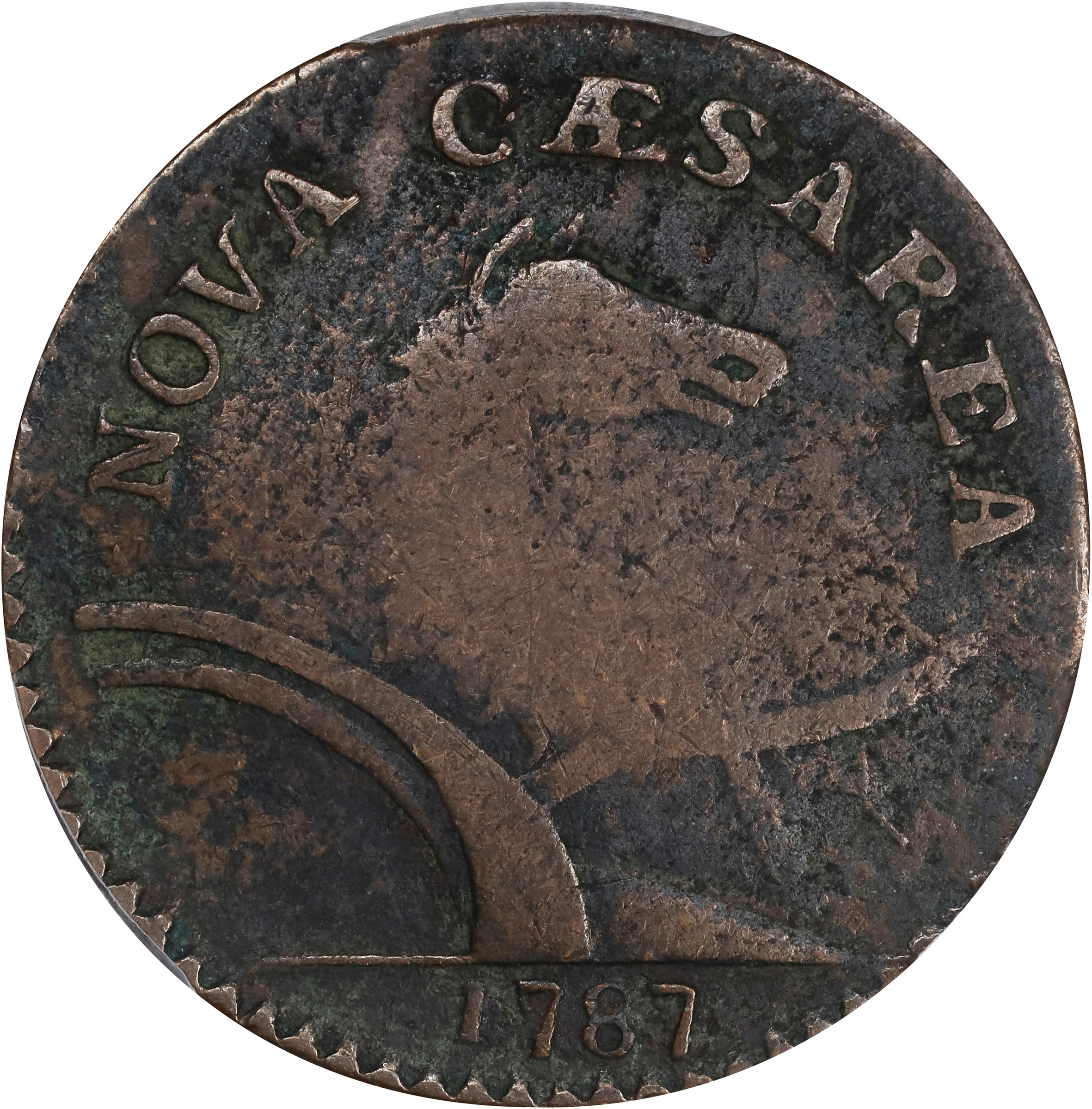 image for: 1787 New Jersey Copper. Maris 35-J, W-5125. Rarity-6-. Sprig Above Plow, Deer Head, 1787/1887. Fine-12 (PCGS).