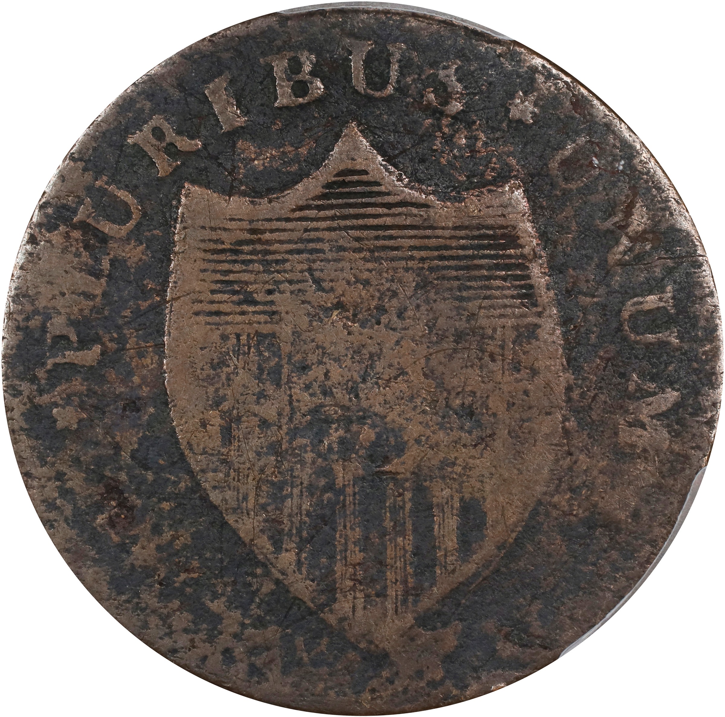 image for: 1787 New Jersey Copper. Maris 35-J, W-5125. Rarity-6-. Sprig Above Plow, Deer Head, 1787/1887. Fine-12 (PCGS).