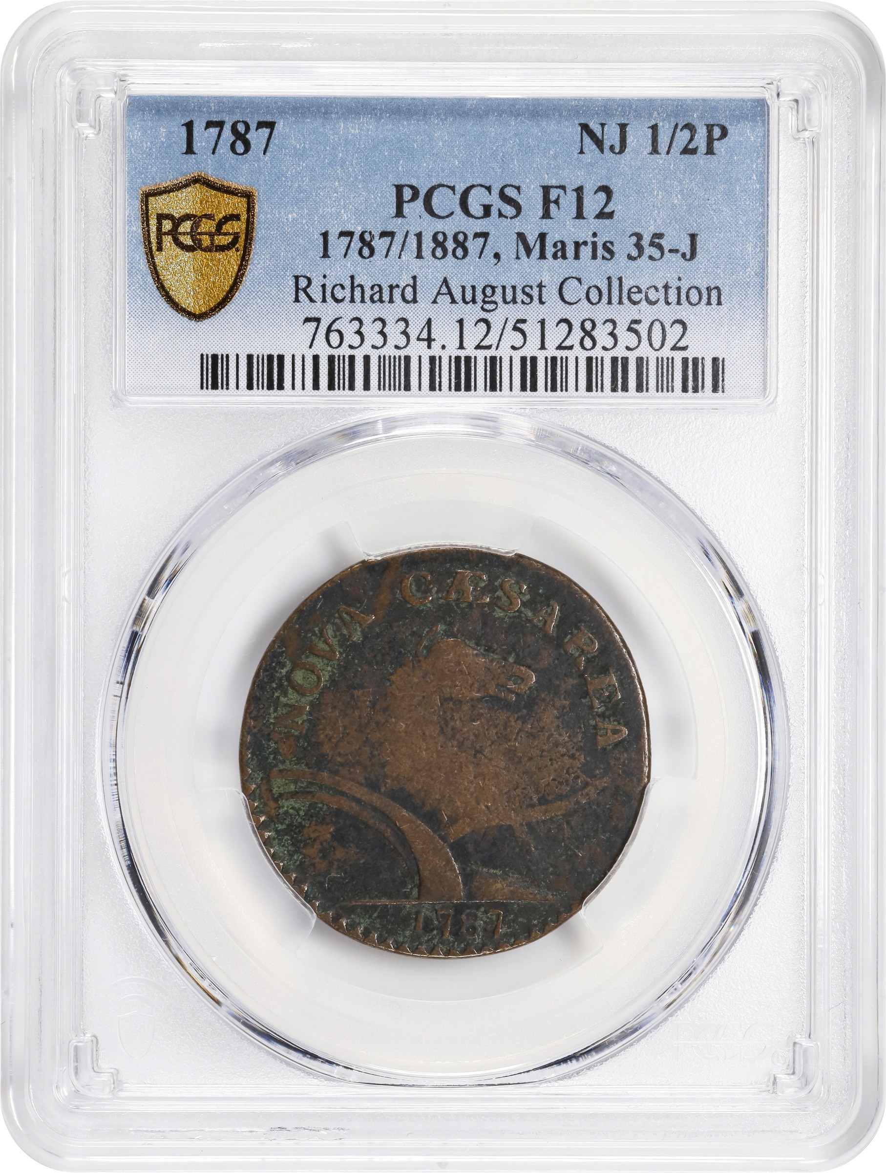 image for: 1787 New Jersey Copper. Maris 35-J, W-5125. Rarity-6-. Sprig Above Plow, Deer Head, 1787/1887. Fine-12 (PCGS).