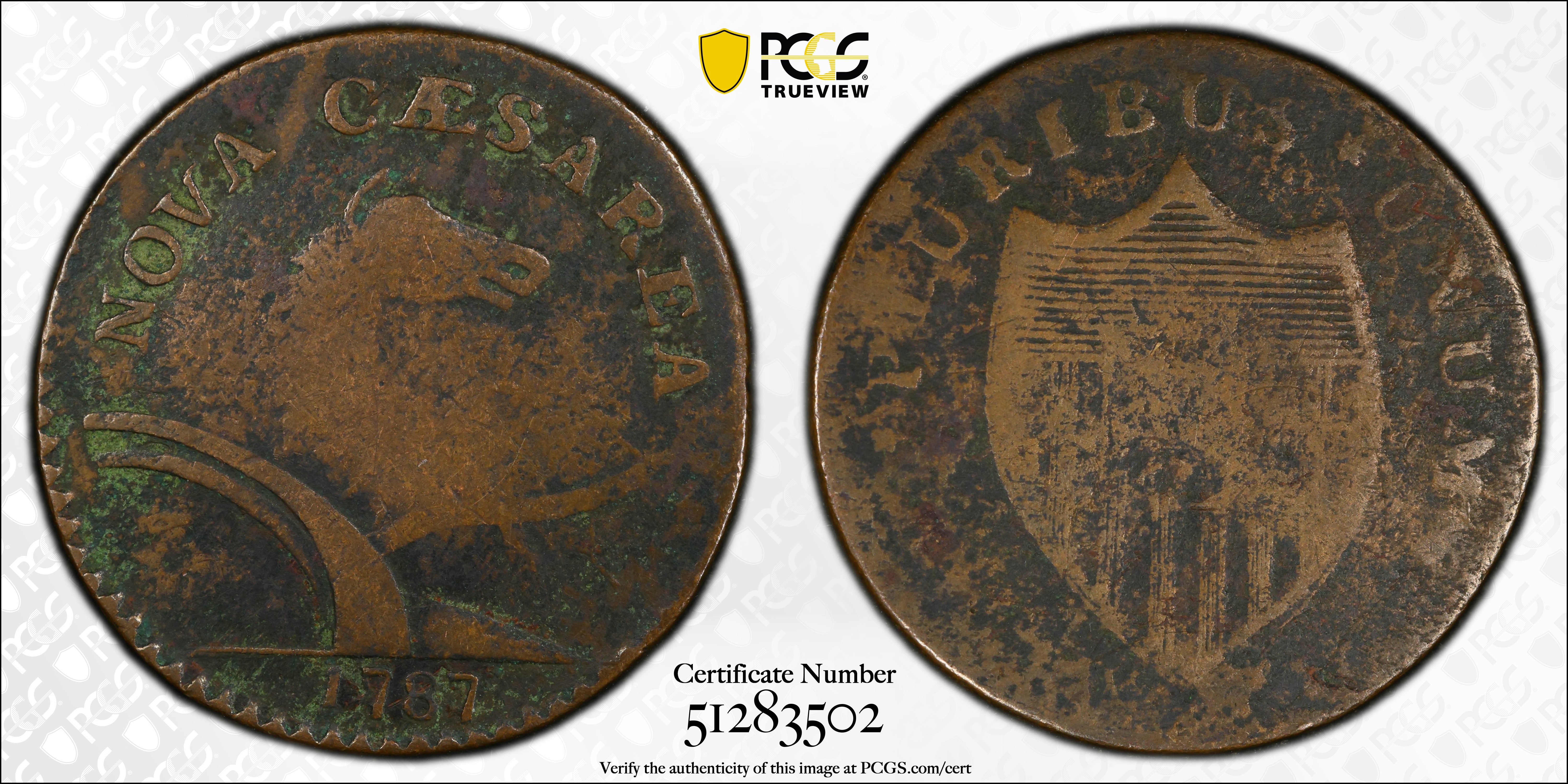 image for: 1787 New Jersey Copper. Maris 35-J, W-5125. Rarity-6-. Sprig Above Plow, Deer Head, 1787/1887. Fine-12 (PCGS).