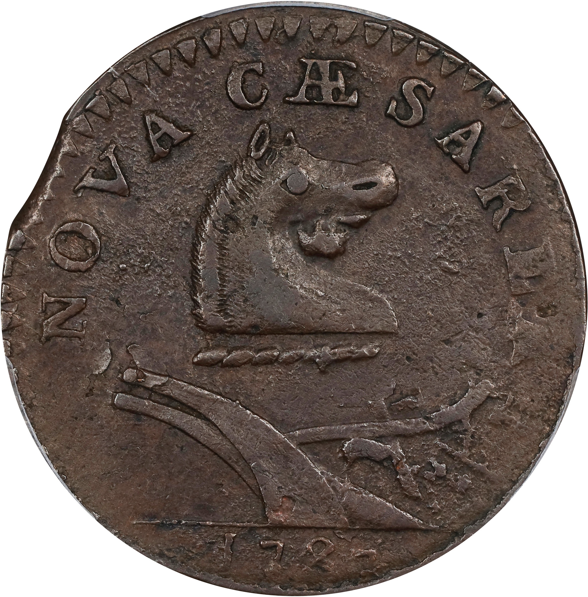 image for: 1787 New Jersey Copper. Maris 37-J, W-5140. Rarity-5+. No Sprig Above Plow, Goiter. AU-53 (PCGS).