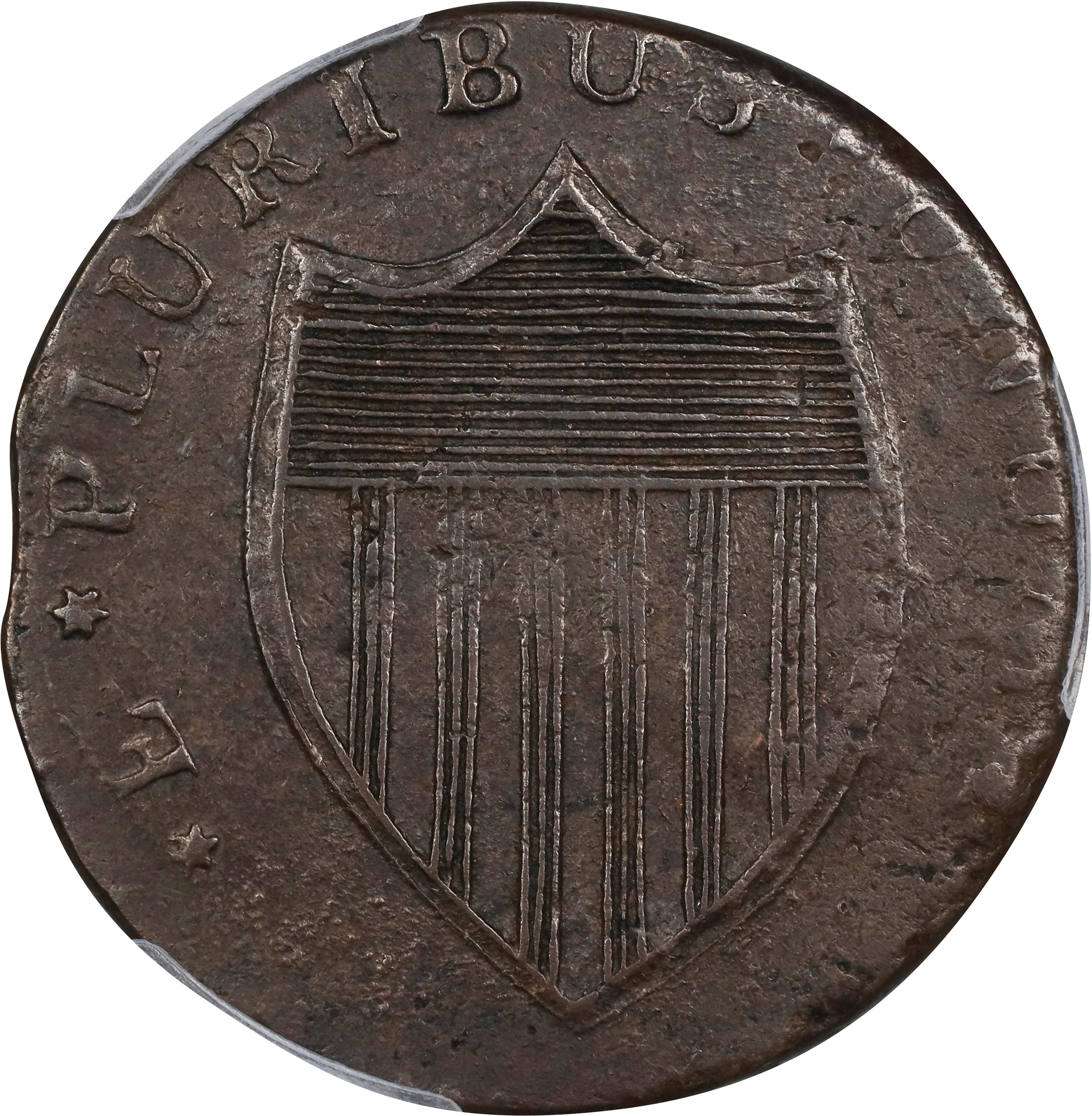 image for: 1787 New Jersey Copper. Maris 37-J, W-5140. Rarity-5+. No Sprig Above Plow, Goiter. AU-53 (PCGS).