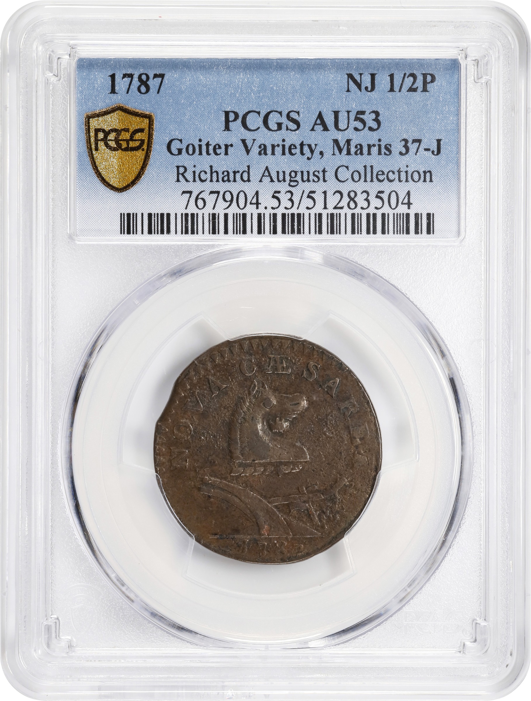 image for: 1787 New Jersey Copper. Maris 37-J, W-5140. Rarity-5+. No Sprig Above Plow, Goiter. AU-53 (PCGS).