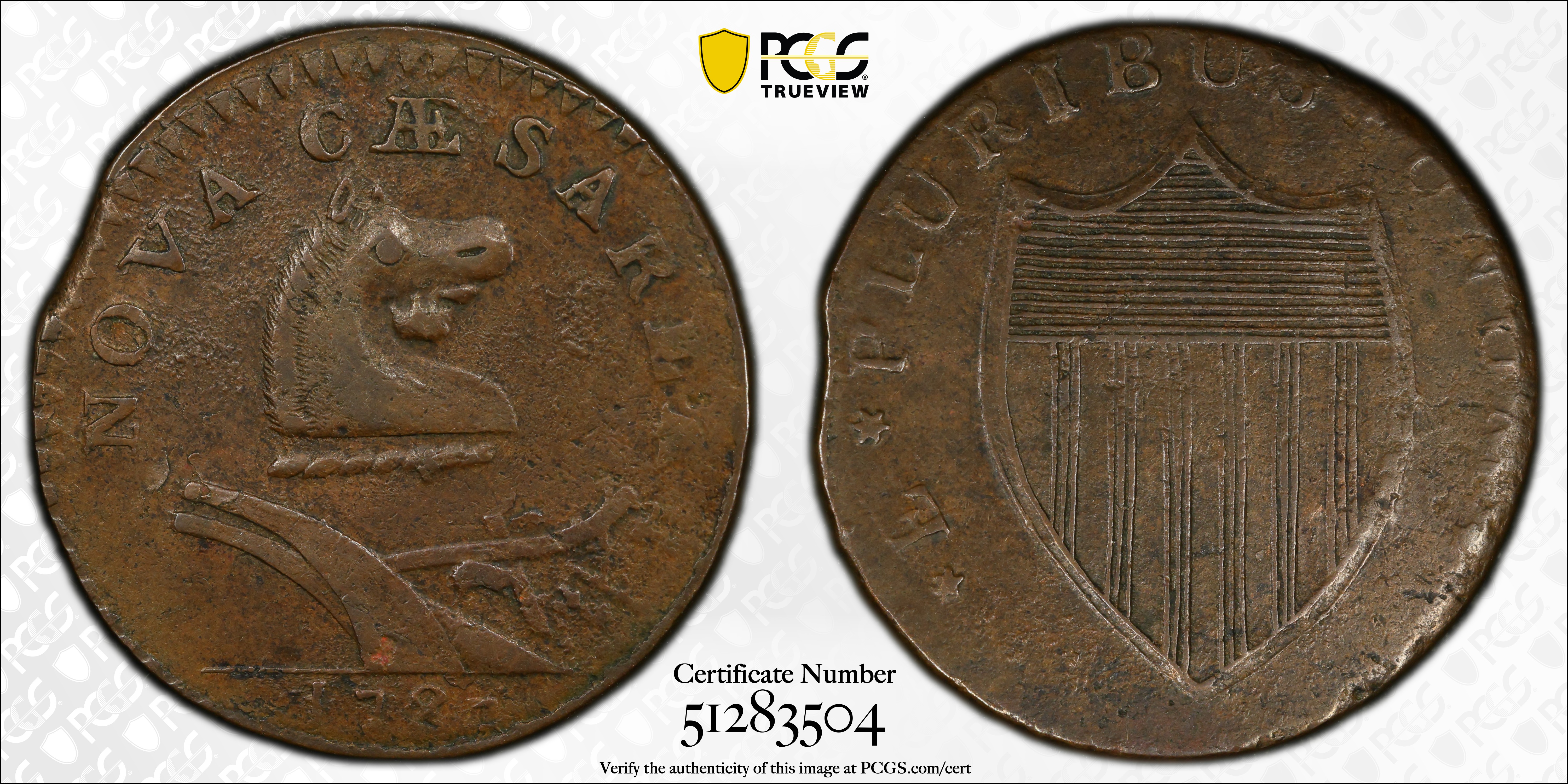 image for: 1787 New Jersey Copper. Maris 37-J, W-5140. Rarity-5+. No Sprig Above Plow, Goiter. AU-53 (PCGS).