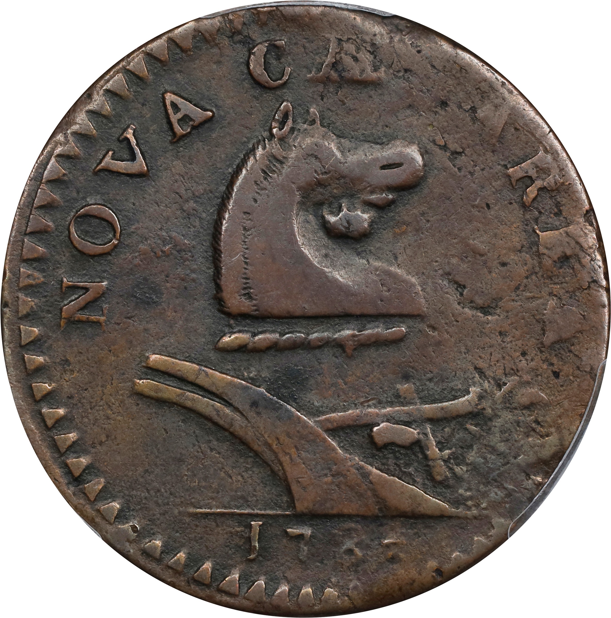 image for: 1787 New Jersey Copper. Maris 37-Y, W-5150. Rarity-5. No Sprig Above Plow, Goiter. Fine-15 (PCGS).