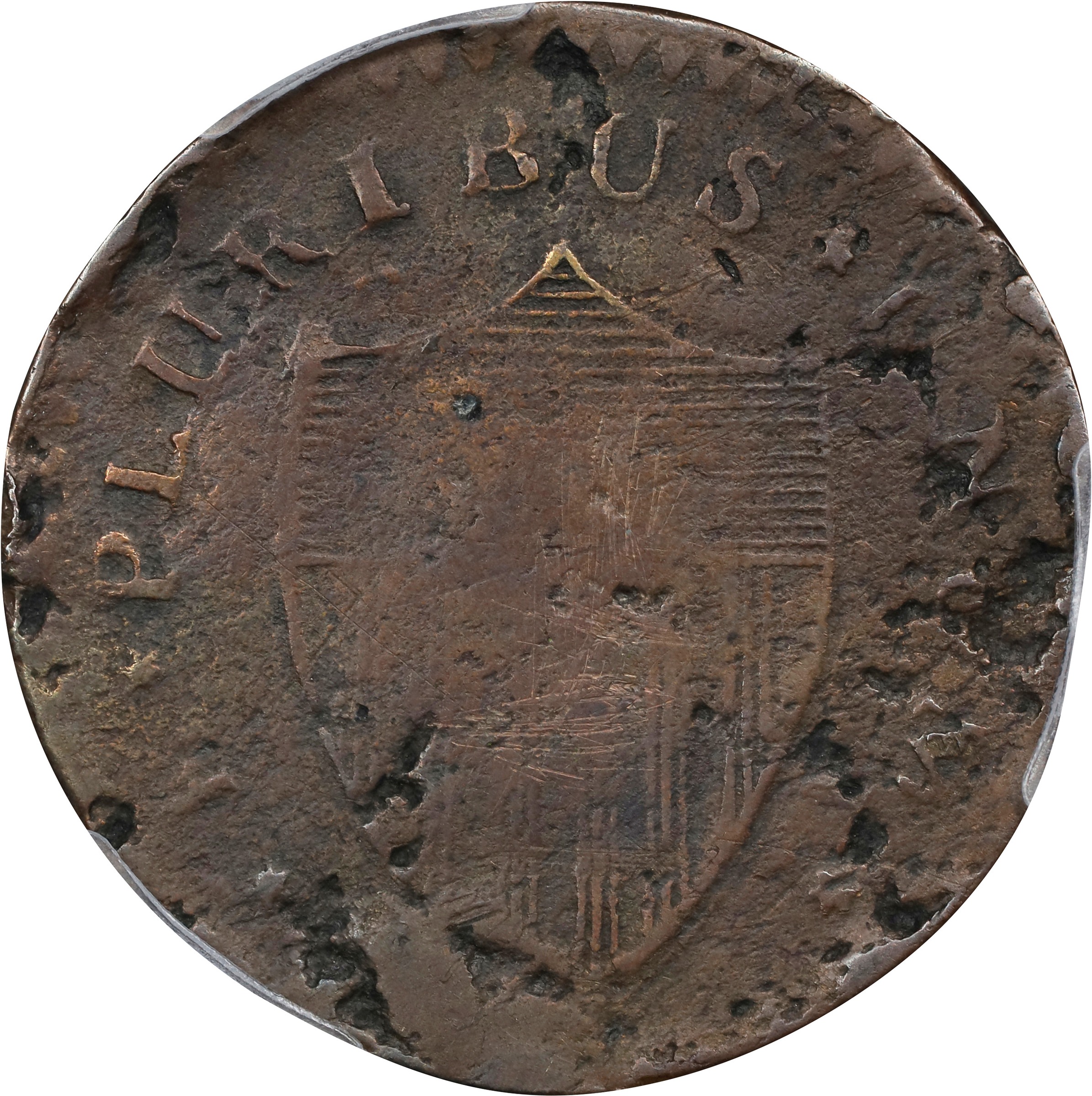 image for: 1787 New Jersey Copper. Maris 37-Y, W-5150. Rarity-5. No Sprig Above Plow, Goiter. Fine-15 (PCGS).