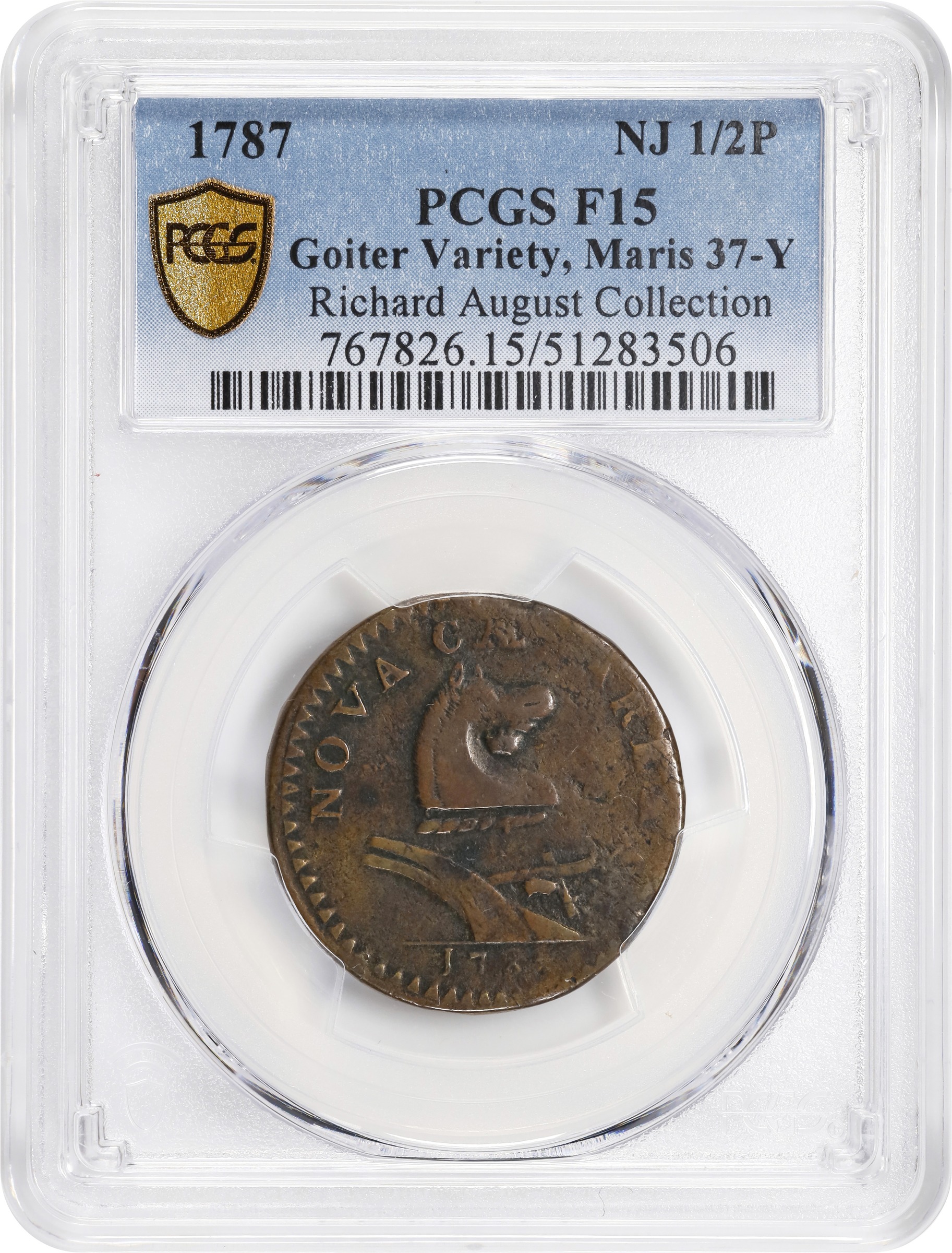 image for: 1787 New Jersey Copper. Maris 37-Y, W-5150. Rarity-5. No Sprig Above Plow, Goiter. Fine-15 (PCGS).