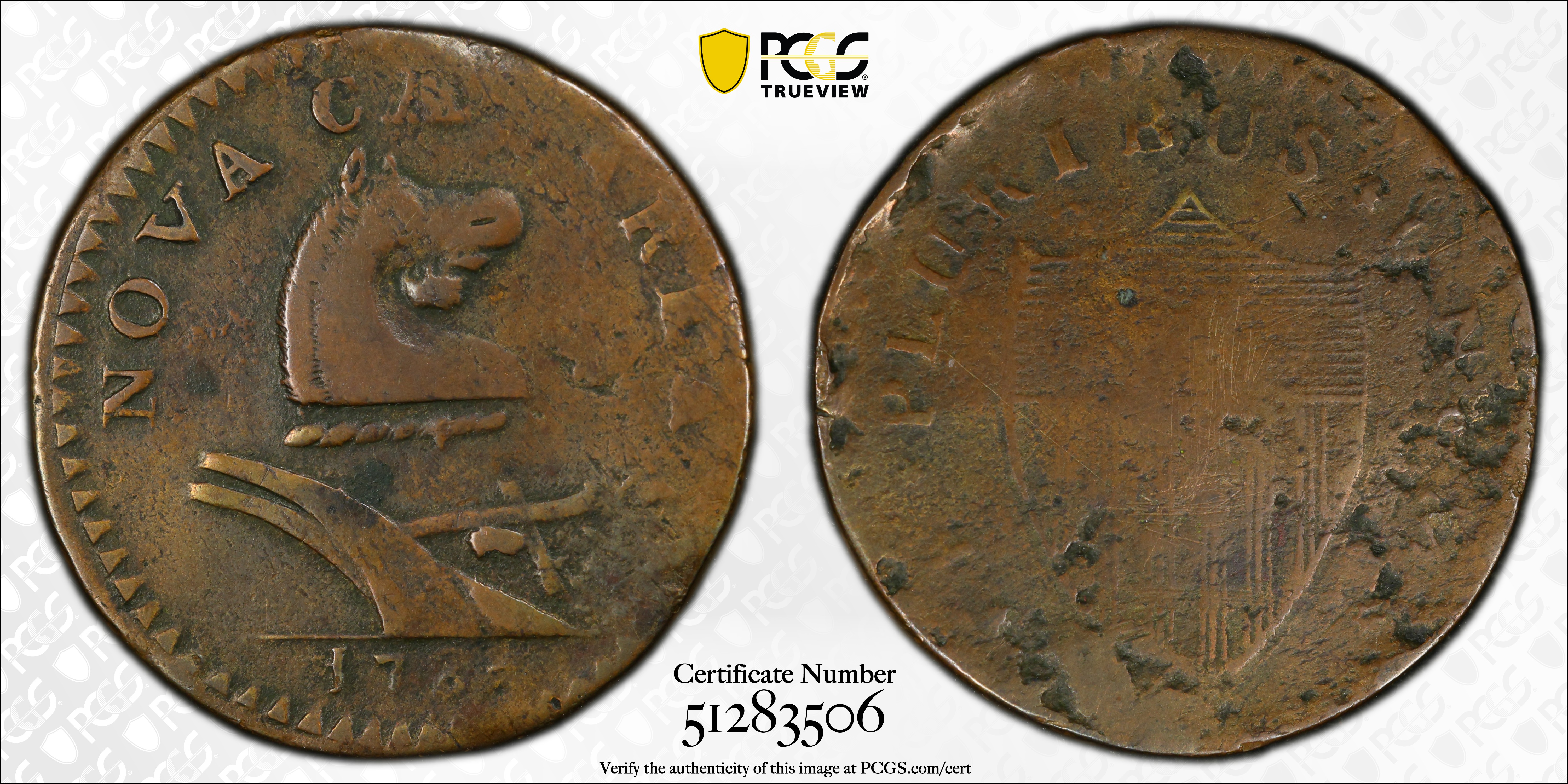 image for: 1787 New Jersey Copper. Maris 37-Y, W-5150. Rarity-5. No Sprig Above Plow, Goiter. Fine-15 (PCGS).