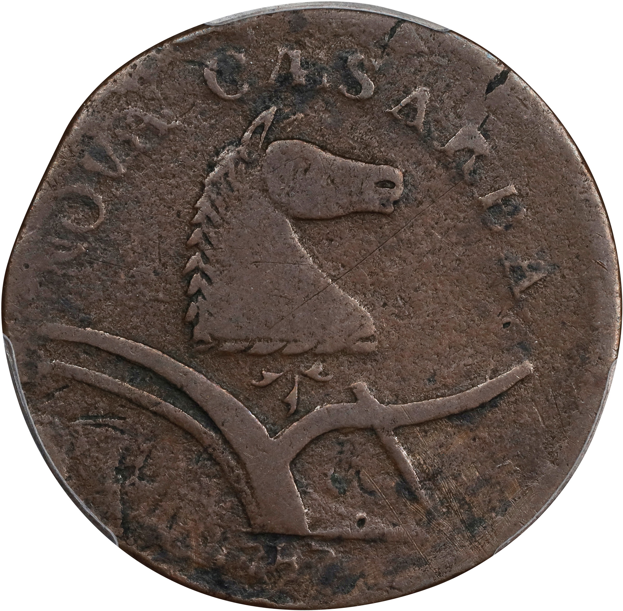 image for: 1787 New Jersey Copper. Maris 40-b, W-5200. Rarity-5+. Sprig Above Plow, Llama Head. Fine-12 (PCGS).