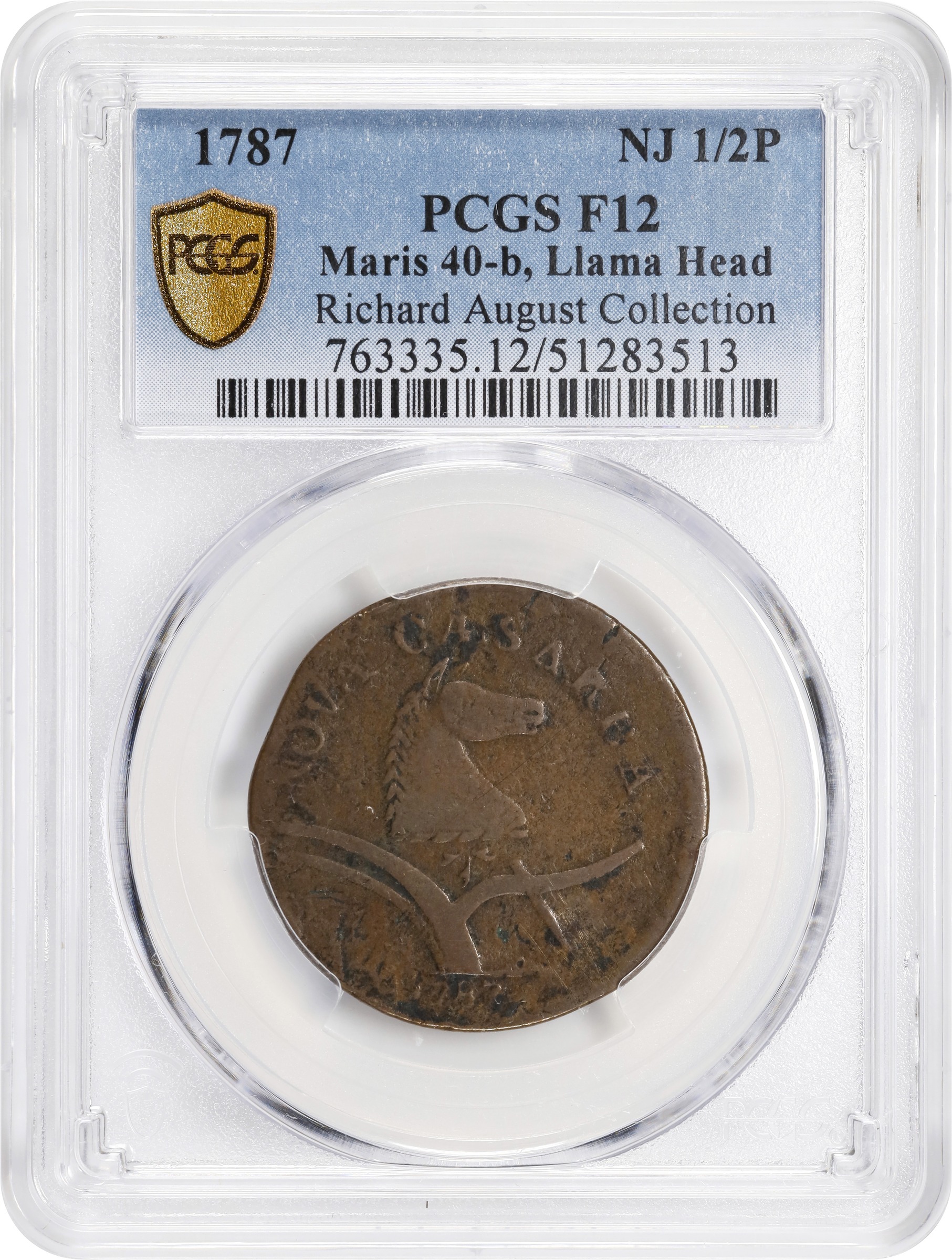image for: 1787 New Jersey Copper. Maris 40-b, W-5200. Rarity-5+. Sprig Above Plow, Llama Head. Fine-12 (PCGS).