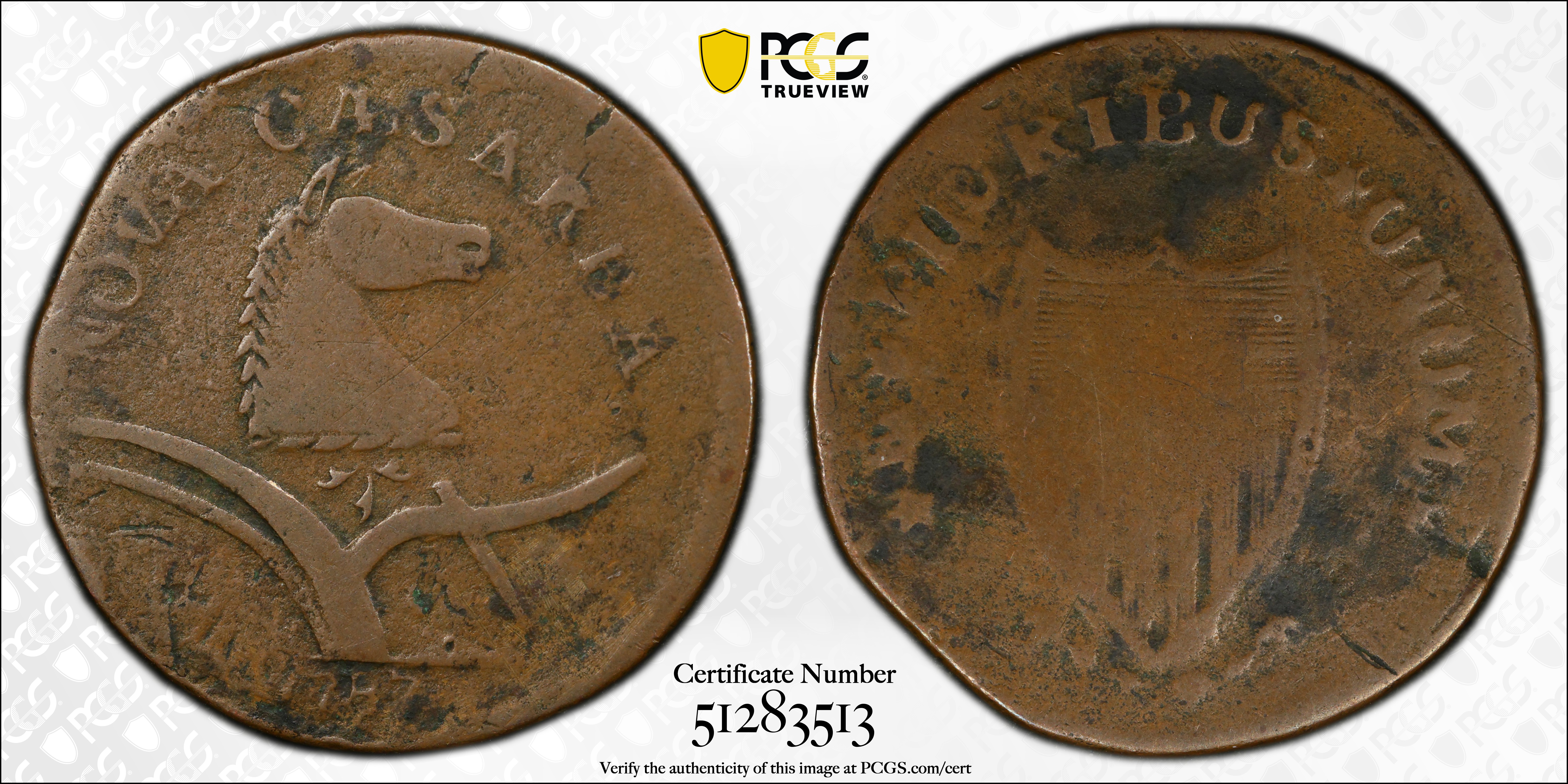image for: 1787 New Jersey Copper. Maris 40-b, W-5200. Rarity-5+. Sprig Above Plow, Llama Head. Fine-12 (PCGS).